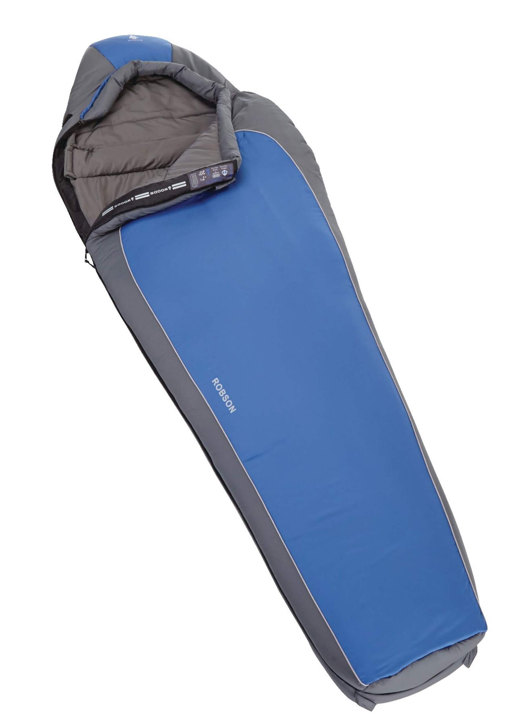 Woods Expedition Robson Lightweight Insulated Mummy Sleeping Bag w/ Compression Sack, -7°C Front_Angled_Right
