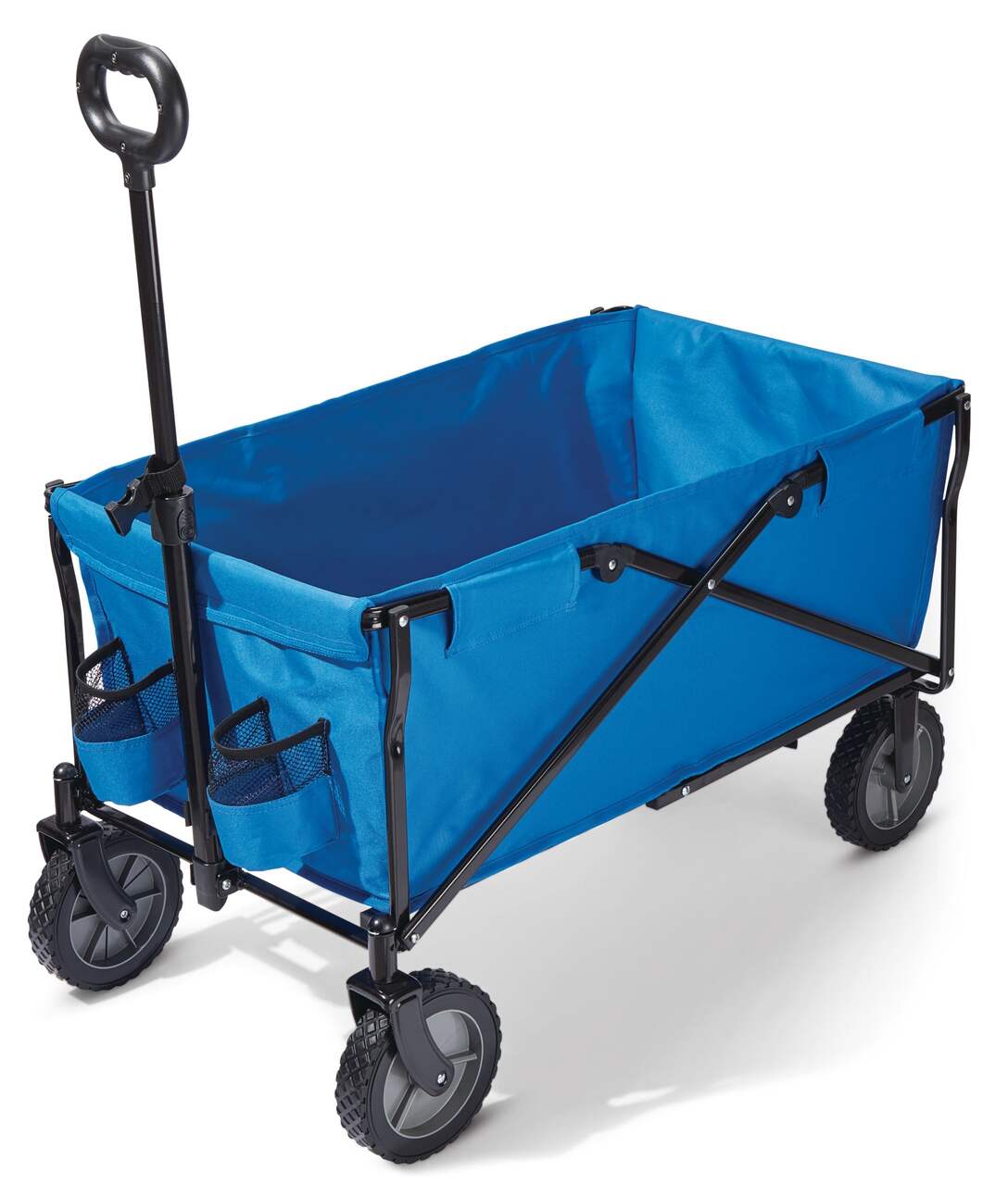 Blue Wide Wheel Wagon All-Terrain Folding Collapsible Utility Wagon with  Push Bar - Portable Rolling Heavy Duty 150 Lbs Capacity Canvas Fabric Cart