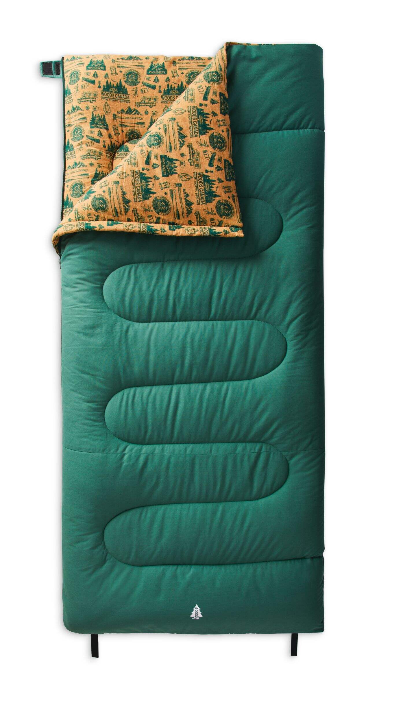 Sac de couchage isolé en toile de coton Woods CAMP TRIP pour temps froid avec doublure en flanelle et sac de sport, -15 ˚C Overhead_Flat