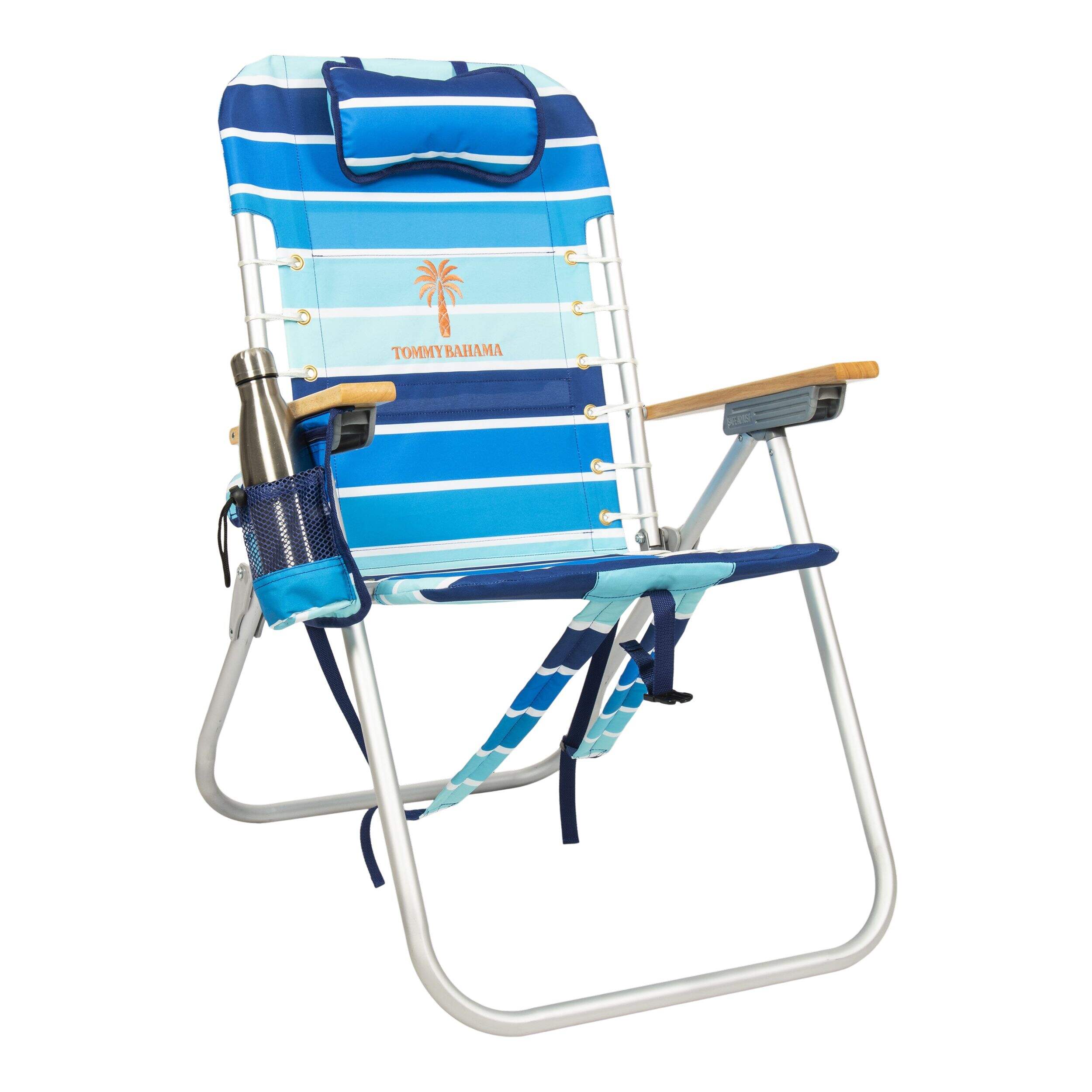 Chaise de camping/plage sac à dos à dossier haut avec lacets 4 positions Tommy Bahama, rayures bleues Front_Three_Fourths_Angled_Right
