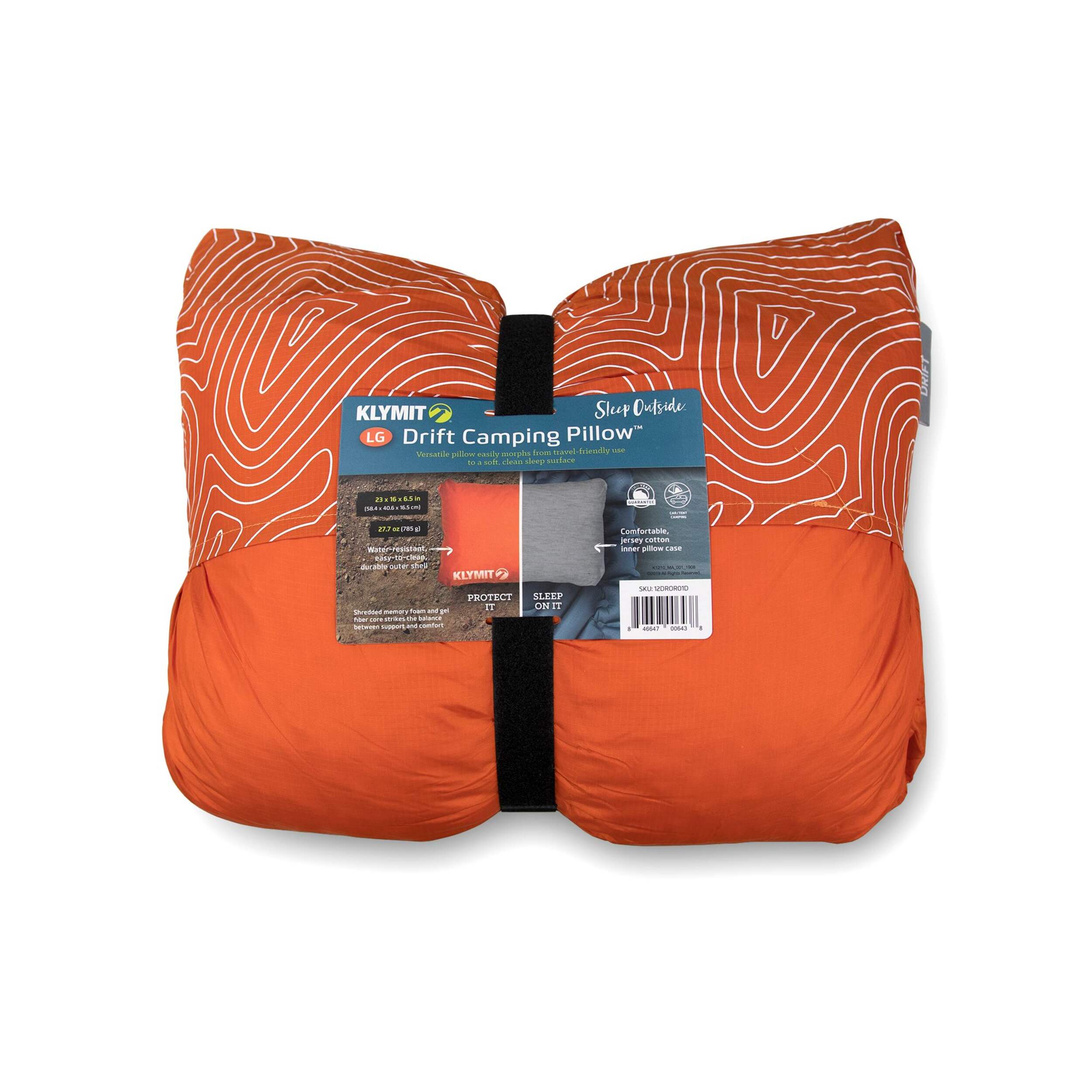 Klymit Drift Lightweight Inflatable 2-in-1 Reversible Car Camp Pillow, Large, Orange Front_Flat