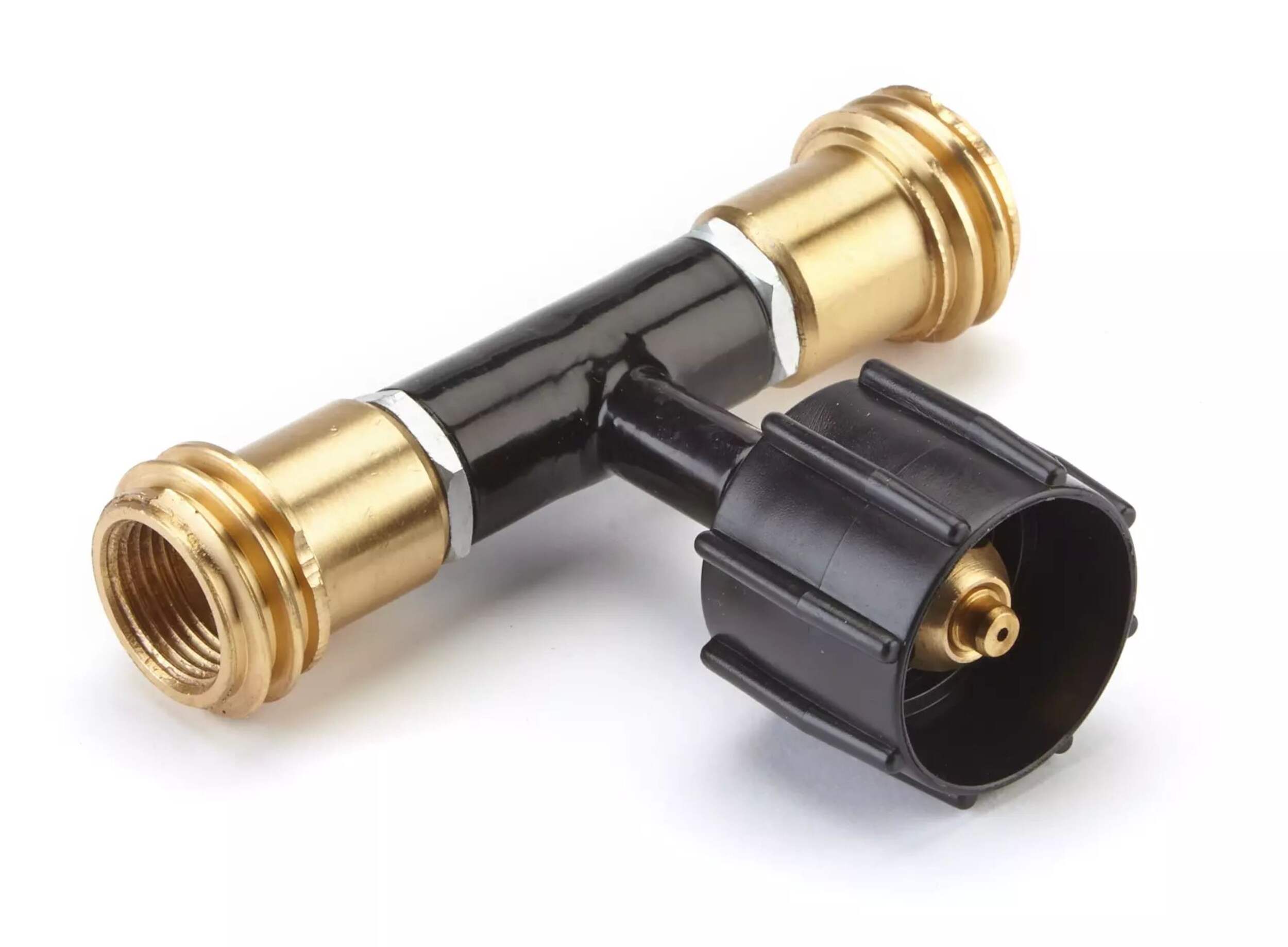 Woods™ Brass & Steel Dual Appliance Tank Converter for Camping, 20-lb Bottom_Plunge