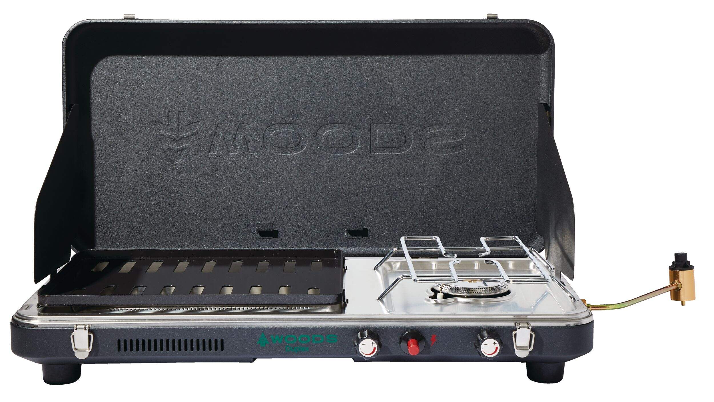 Woods™ Twofold Grill/Burner 10,000 BTUs Propane Camp Stove Front_Elevated