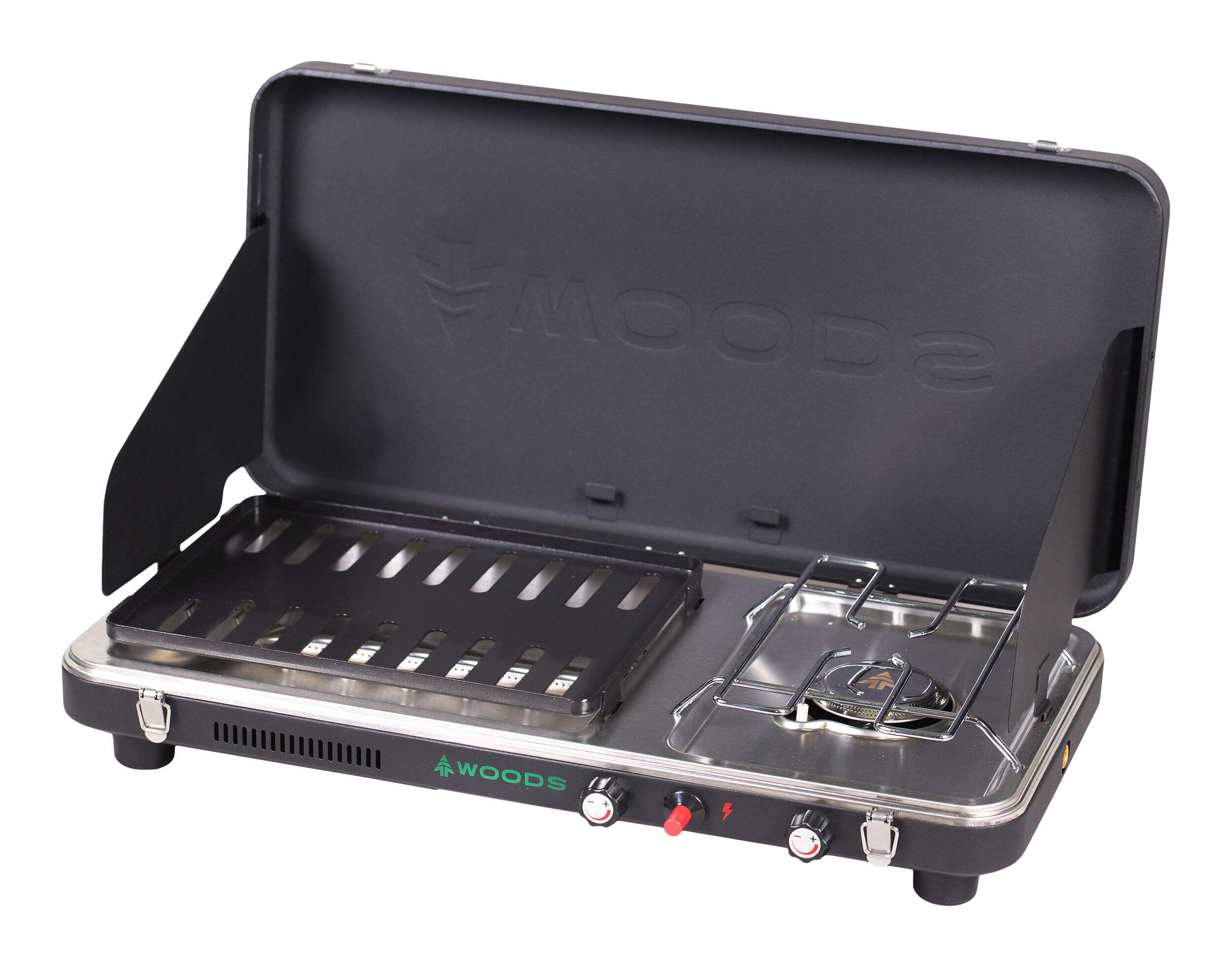 Woods™ Twofold Grill/Burner 10,000 BTUs Propane Camp Stove Front_Angled_Left