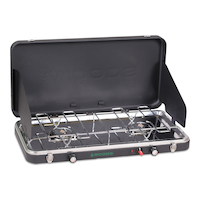 Woods Quick Fire Double-Burner Camp Stove, 20,000 BTUs, Piezo Start Front_Angled_Right