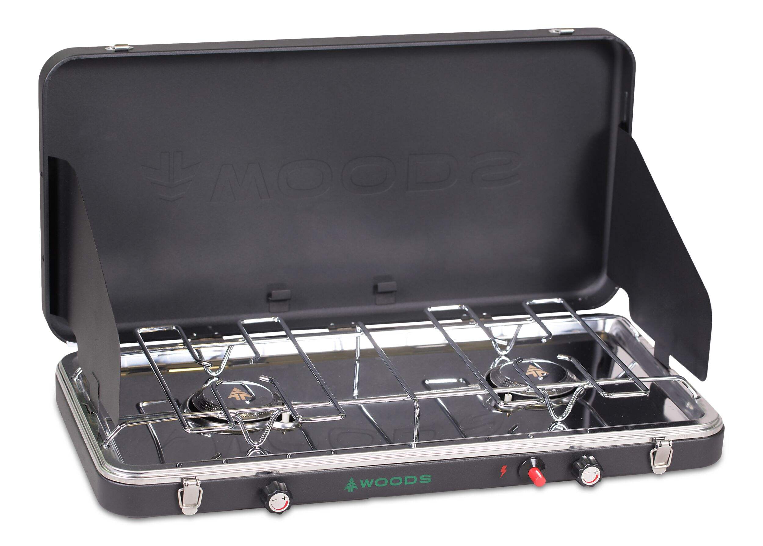 Woods Quick Fire Double-Burner Camp Stove, 20,000 BTUs, Piezo Start Front_Angled_Right