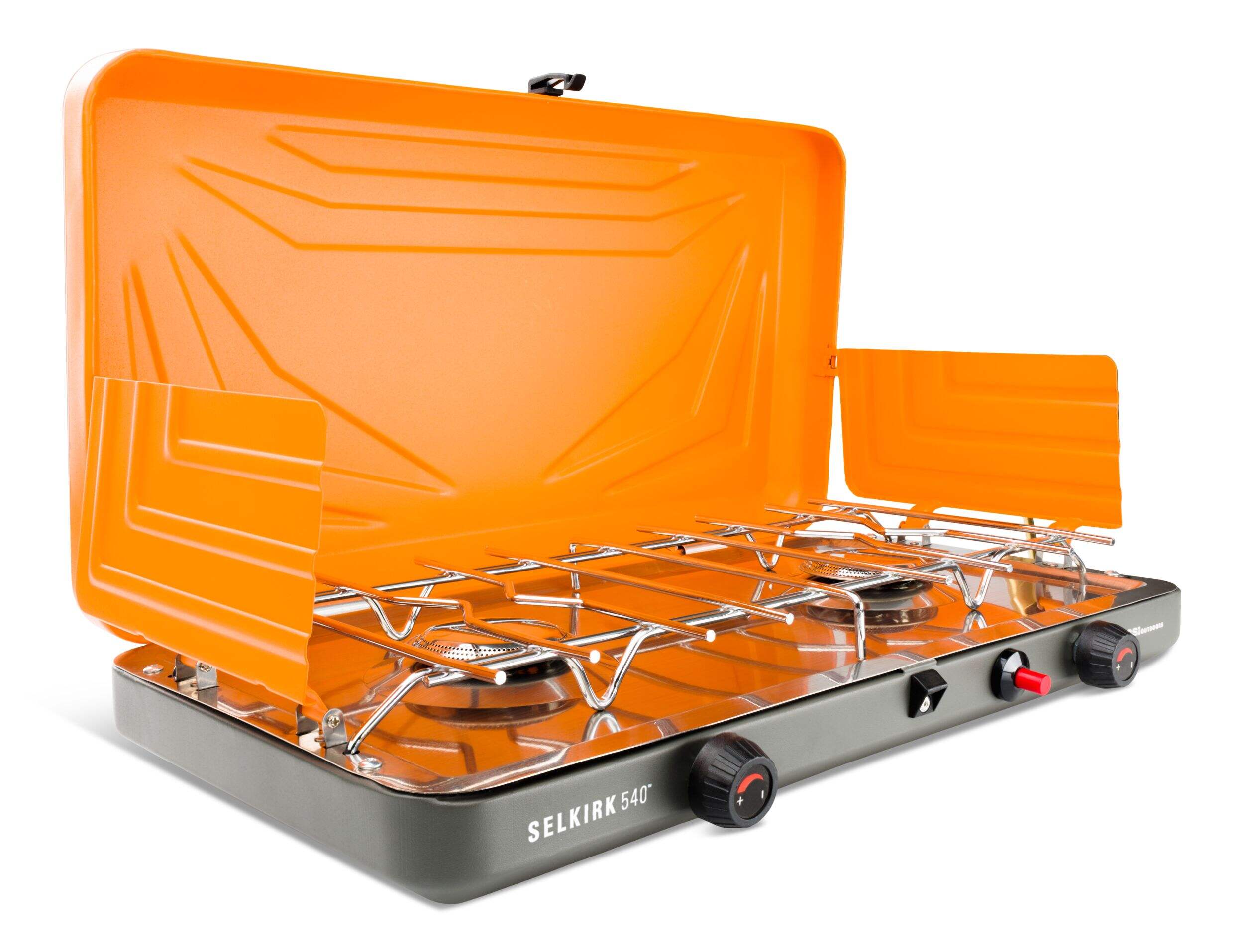 GSI Outdoors Selkirk 540 Camp Stove, Includes Lid, Stove Regulator & Windscreen, Orange Front_Three_Fourths_Angled_Right
