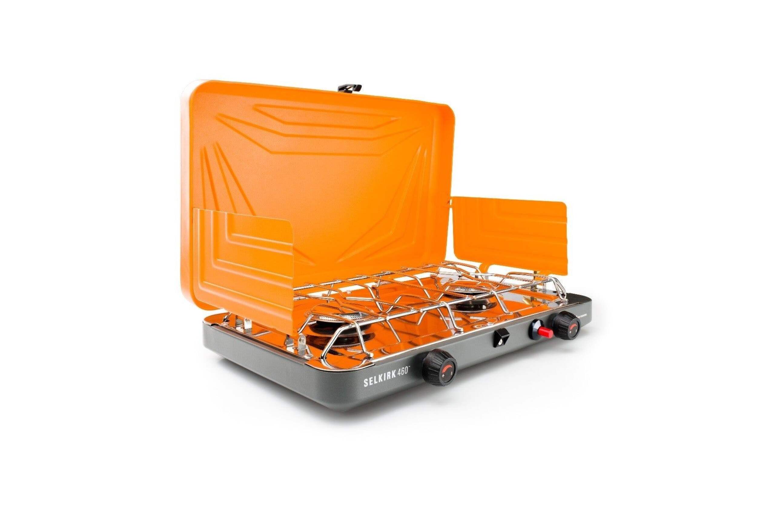 Selkirk 460+ Portable 2-Burner Propane Camp Stove with Push-Button Ignition Front_Three_Fourths_Angled_Right