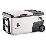 Woods Powered Wheeled Portable Electric Compressor Cooler with Handle, 22-L, White, 12V/24V DC, 120V AC, and PWR POD Compatible Front_Three_Fourths_Angled_Left