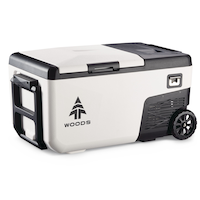 Woods Powered Wheeled Portable Electric Compressor Cooler with Handle, 22-L, White, 12V/24V DC, 120V AC, and PWR POD Compatible Front_Three_Fourths_Angled_Left