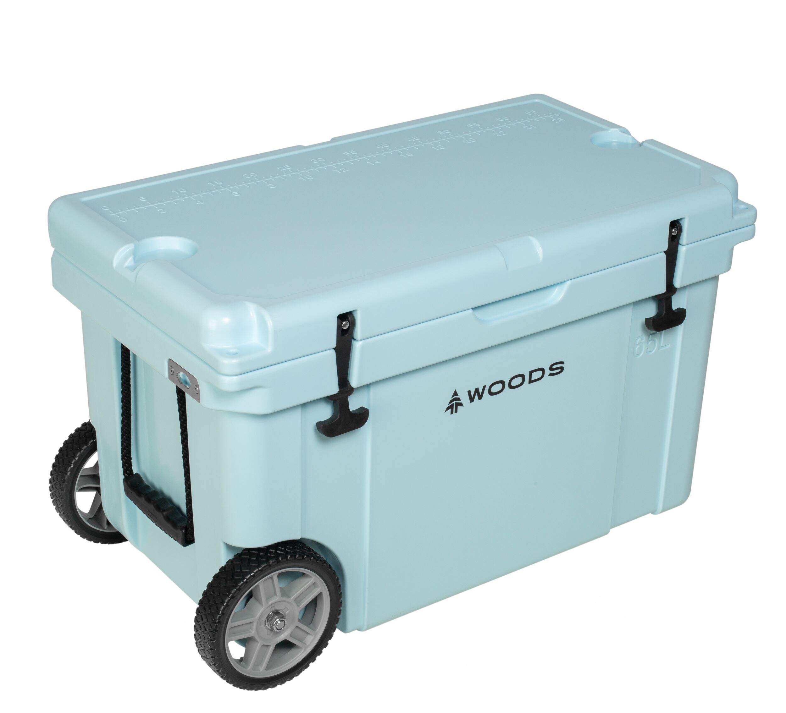Woods ARCTIC Wheeled Roto-Moulded Cooler with Handle, 65-L, Light Blue Front_Three_Fourths_Angled_Right