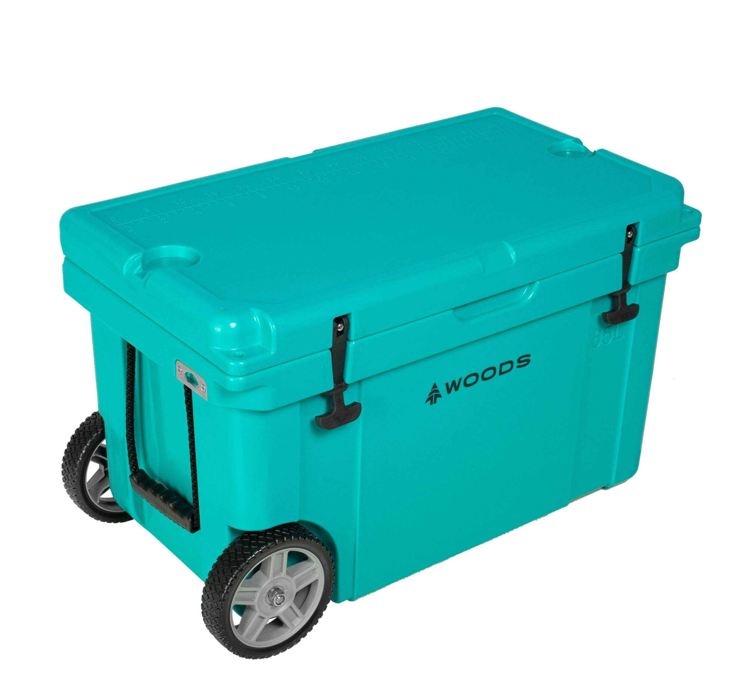 Woods ARCTIC Wheeled Roto-Moulded Cooler with Handle, 65-L, Turquoise Front_Three_Fourths_Angled_Right