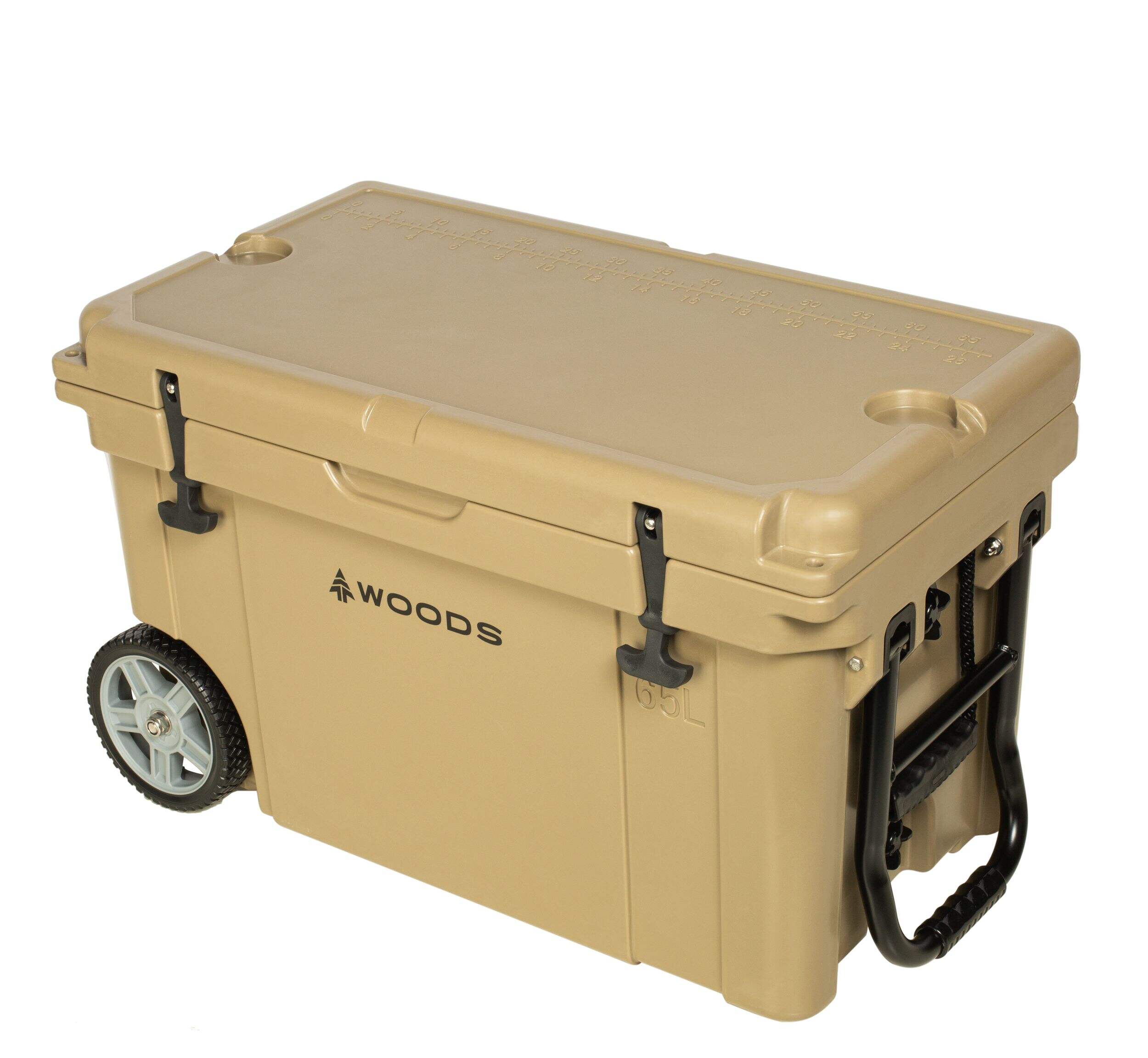 Woods ARCTIC Wheeled Roto-Moulded Cooler with Handle, 65-L, Tan Front_Three_Fourths_Angled_Left