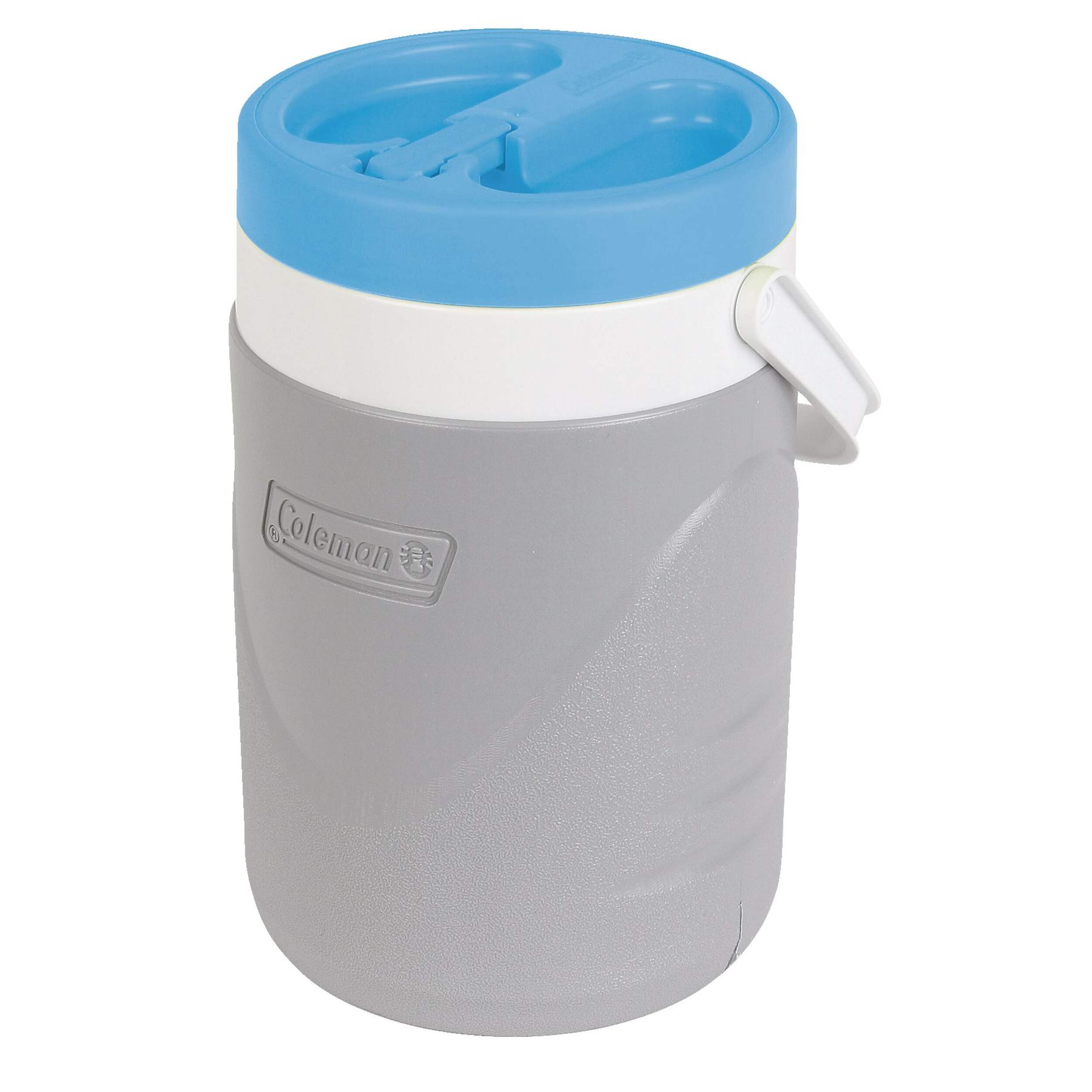 Bidon d'eau Coleman, glacière pour boissons avec bec rabattable, corps gris et couvercle bleu, 3,8 L (1 gallon) Front_Angled_Left