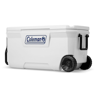 Coleman Marine Ultra Insulated Hard Cooler with Wheels, 100-Quart, White Front_Three_Fourths_Angled_Left