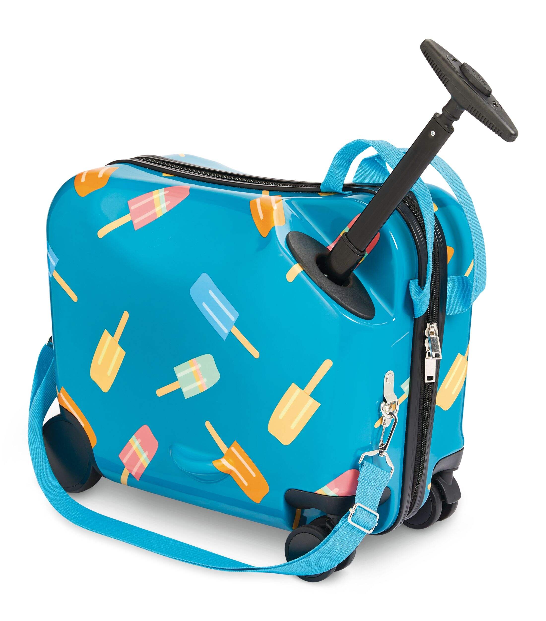 Outbound Kids Ride-On Luggage Suitcase, Blue-Pattern, 18-in Front_Three_Fourths_Angled_Right