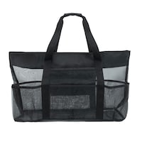 Maple Leaf Multi-Pocket Mesh Tote Bag, Polyester, Black Front_Flat
