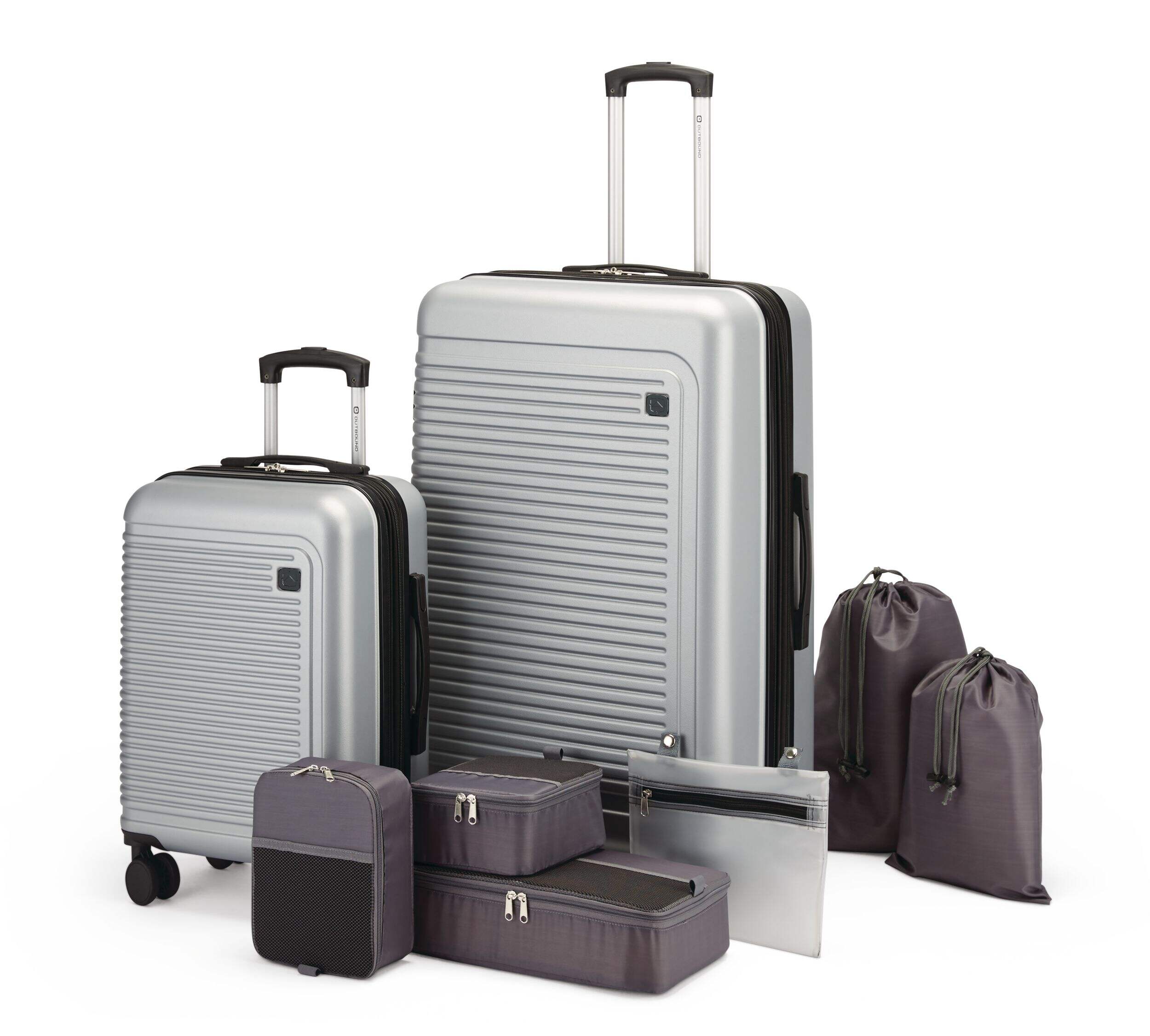 Valises rigides Outbound, avec bagages à main et cubes de rangement, paq. 8, argent Front_Three_Fourths_Angled_Left