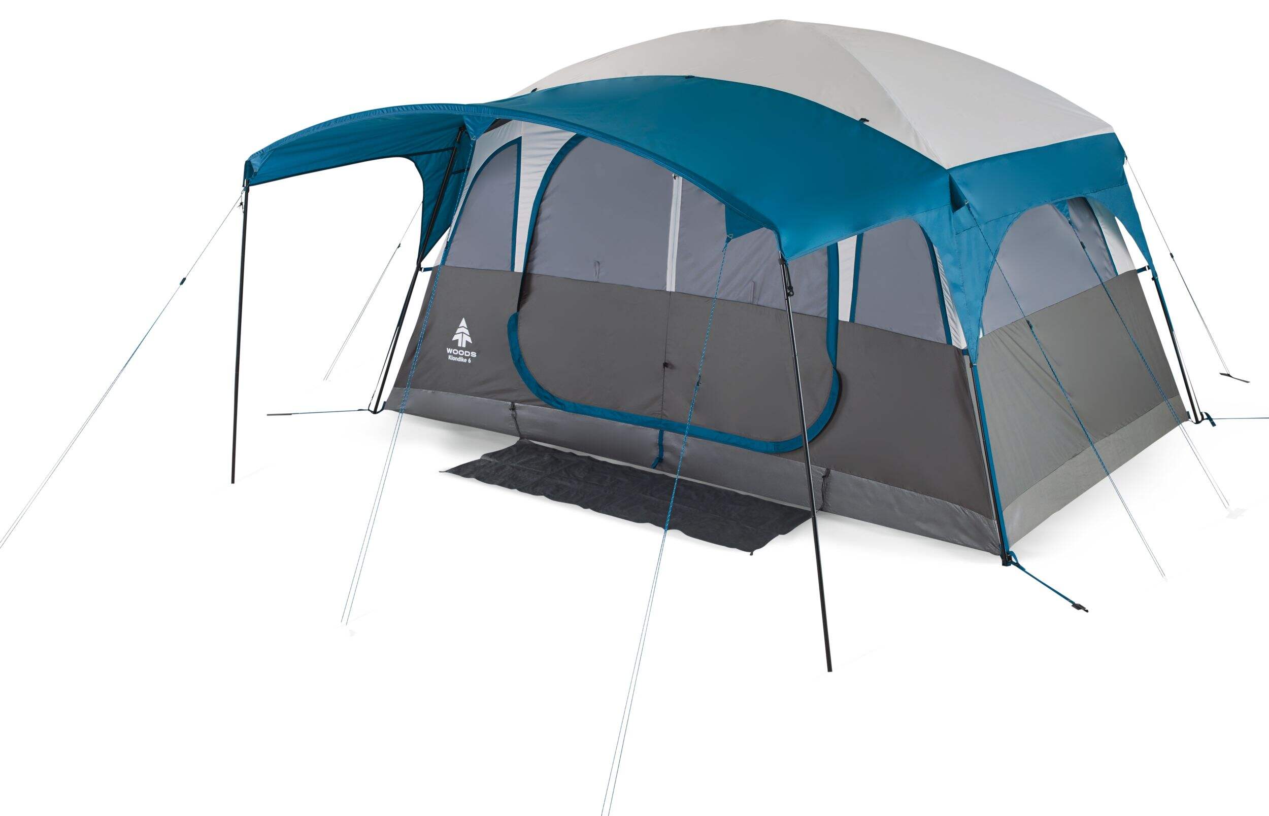 Woods Klondike 3-Season, 6-Person Camping Cabin Tent w/ Canopy/Awning, Rain Fly & Carry Bag Front_Three_Fourths_Angled_Left