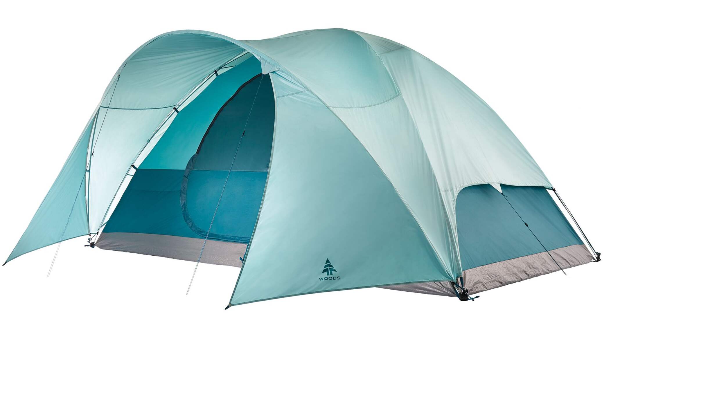 Woods Creekside 3-Season, 8-Person Camping Dome Tent w/ Canopy/Awning, Rain Fly & Carry Bag Front_Three_Fourths_Angled_Left