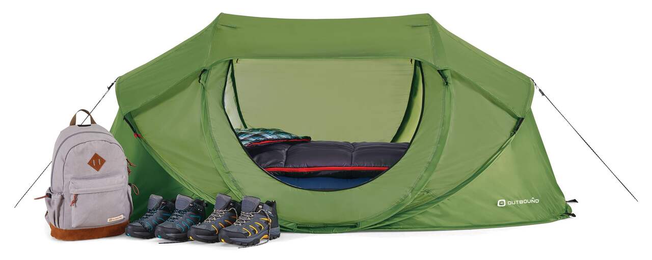 Tente de camping instantanée en dôme 1 pièce à cadre en anneaux pour 4  personnes avec sac et double toit Outbound