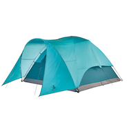 Woods Creekside 3-Season, 6-Person Camping Dome Tent with Awning, Rain Fly & Carry Bag Front_Three_Fourths_Angled_Left