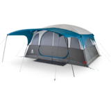 Woods Klondike 3-Season, 10-Person Camping Cabin Tent w/ Canopy/Awning, 2-Room Divider, Rain Fly & Carry Bag Front_Angled_Left
