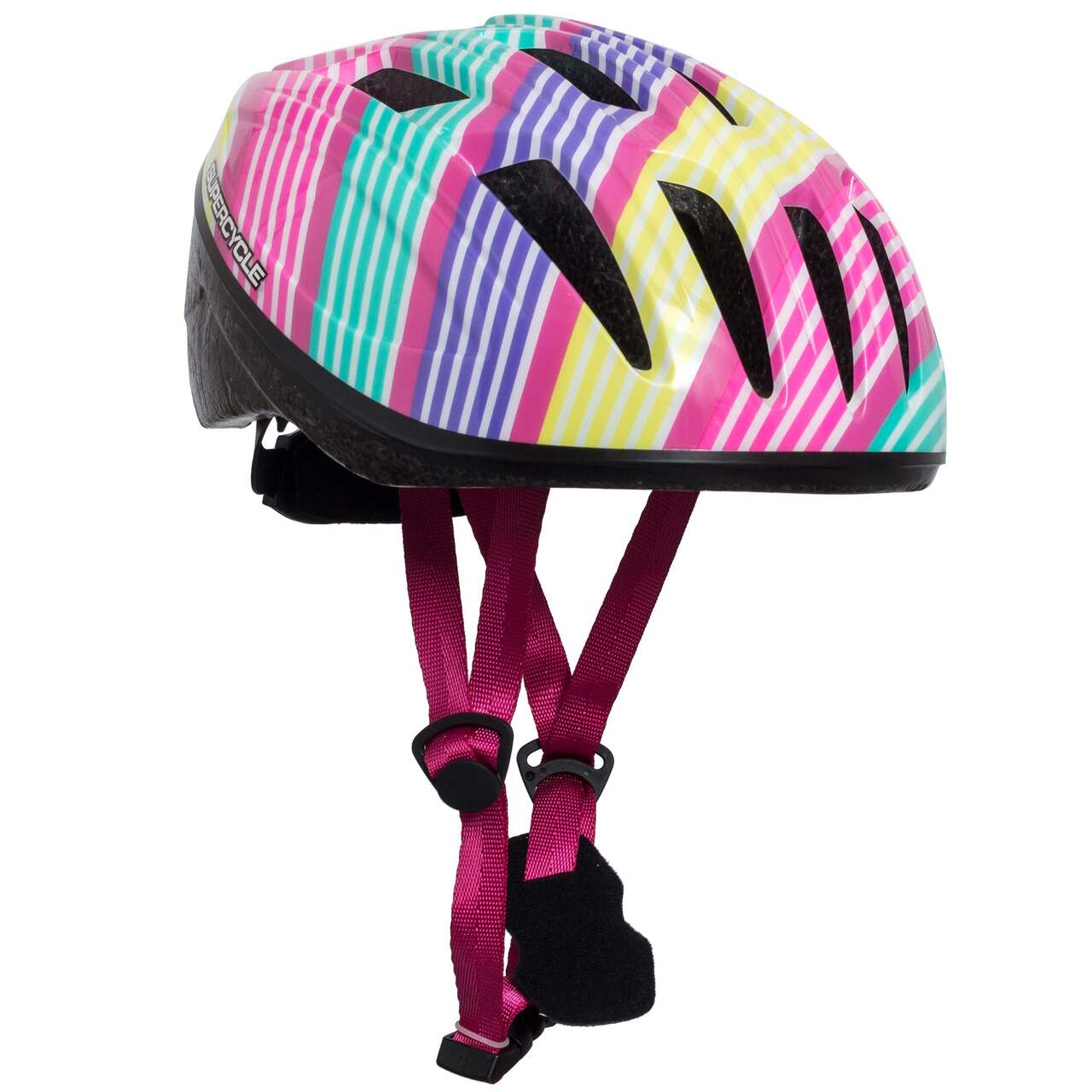 Supercycle Stripes Crosstrails Kids' Bike Helmet w/Adjustable Straps, Multi-Colour, Ages 5+ Front_Three_Fourths_Angled_Right