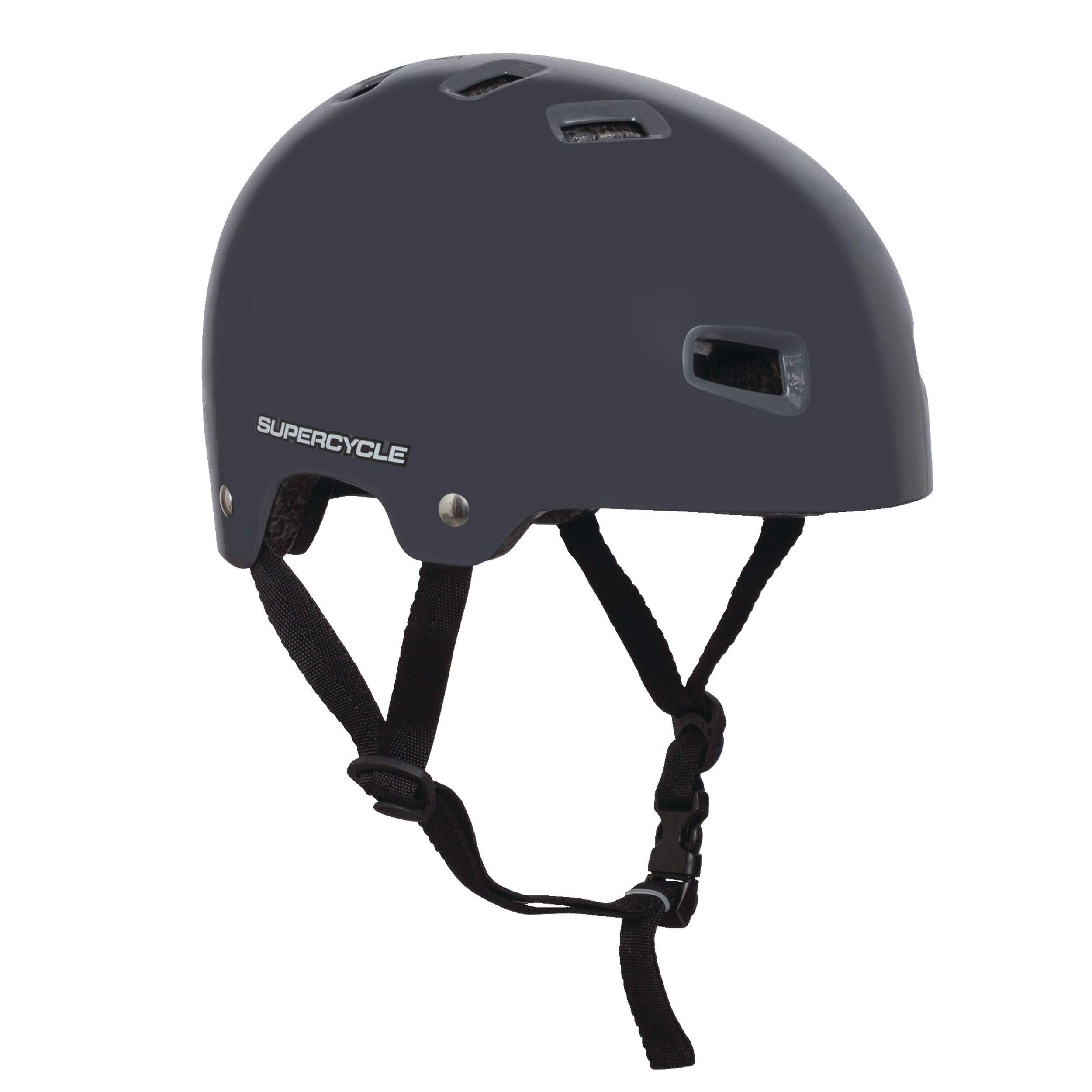 Supercycle Basic Multi-Sport Kids' Bike Helmet with Adjustable Straps, Grey, Ages 5+ Front_Three_Fourths_Angled_Right