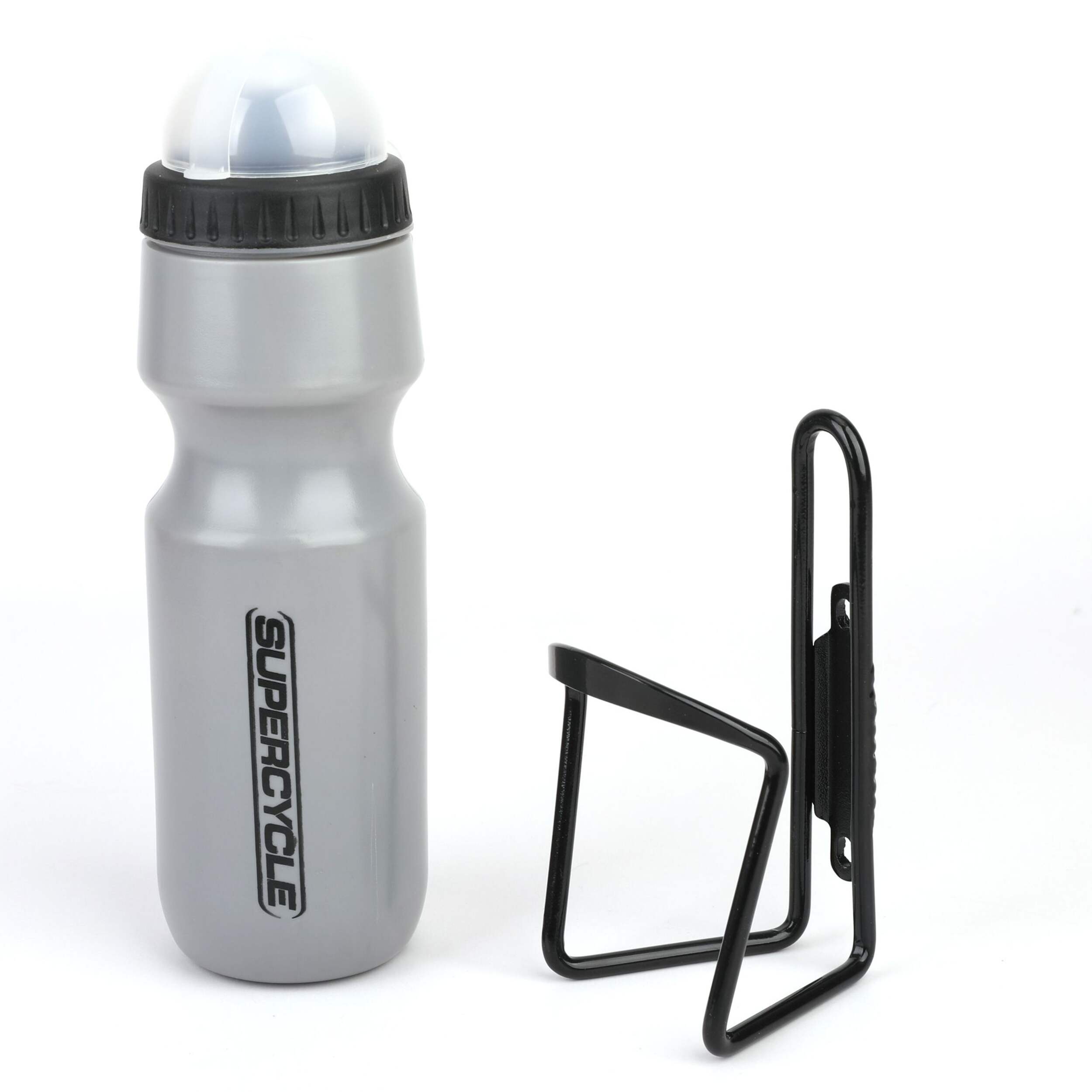 Supercycle Wide Mouth Self-Sealing Bike Water Bottle w/Cage/Holder, BPA Free, Silver, 21-oz Front_Flat