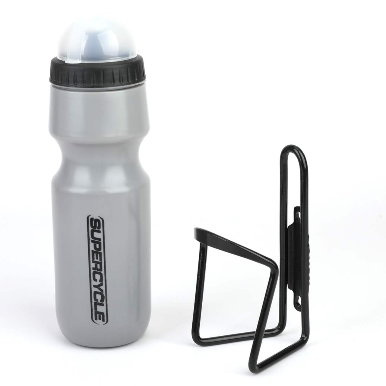 Supercycle Wide Mouth Self-Sealing Bike Water Bottle w/Cage/Holder, BPA  Free, Silver, 620-mL