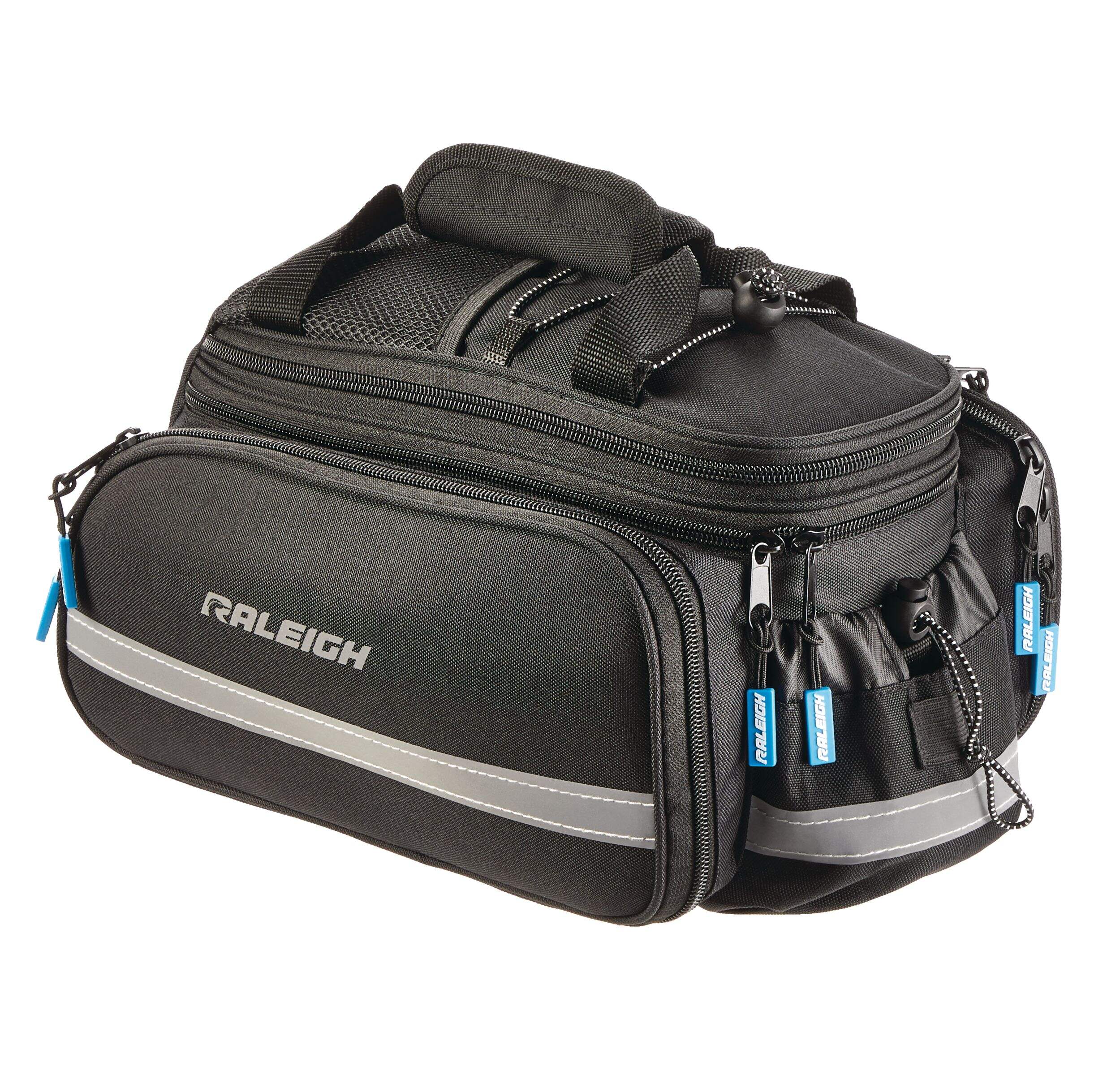Raleigh Expandable Rack Top Bike Bag w/Removable Carry Strap & Reflective Strip, Black Front_Three_Fourths_Angled_Left