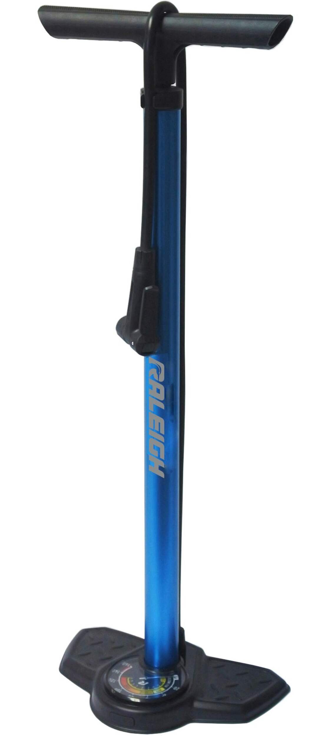 Raleigh Floor Bike Pump w/Gauge For Schrader & Presta Valves Head, 160 PSI Front_Three_Fourths_Angled_Left