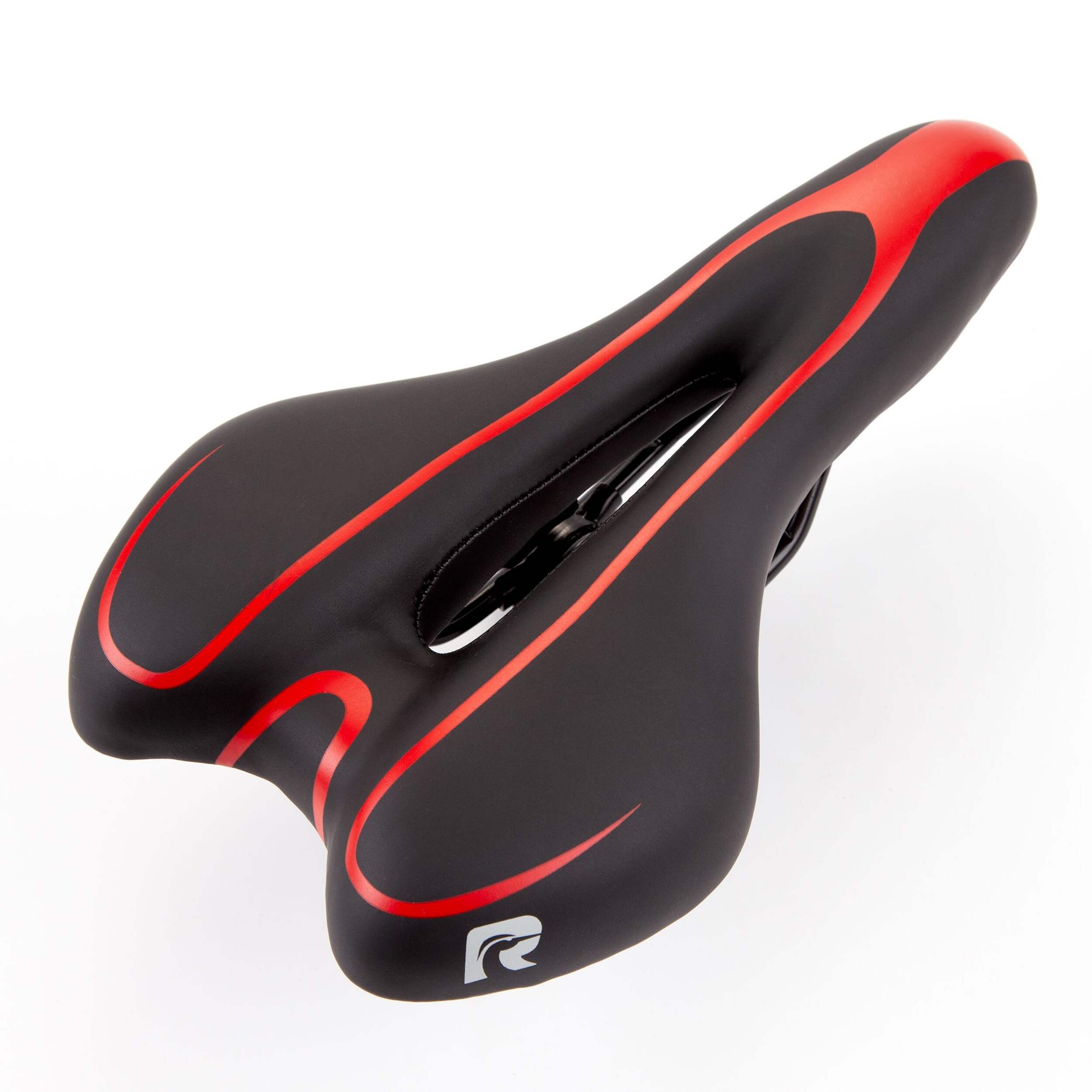 Raleigh Comfort Breathable Bike Seat/Saddle, Black/Red Front_Three_Fourths_Angled_Right