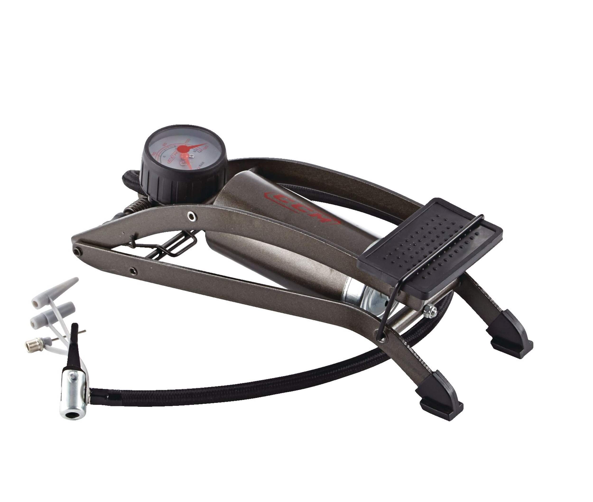 CCM Foot Compact Steel Bike Pump For Schrader & Presta Valves Head Front_Angled_Right