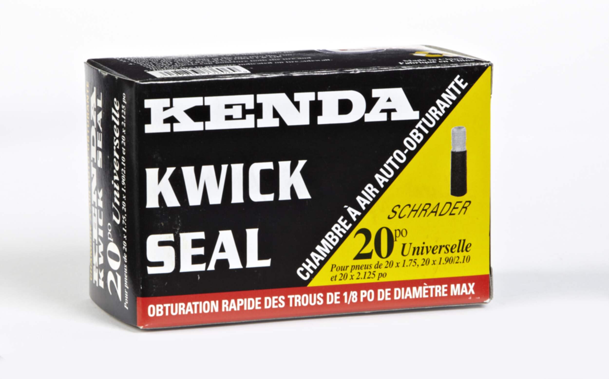 Chambre à air de vélo universelle Kenda Kwick avec valve auto-obturante Schrader, 20 po Front_Angled_Right