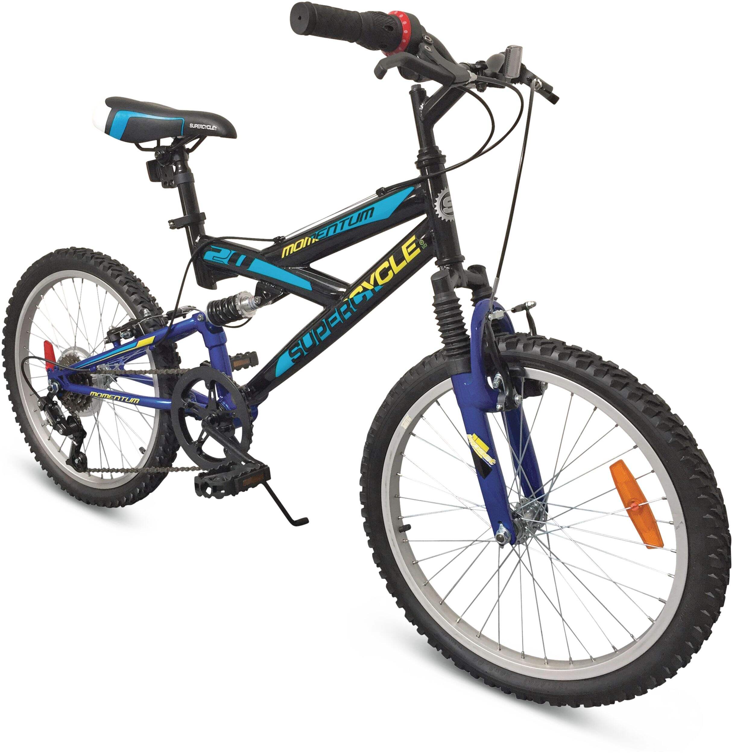Supercycle Momentum Youth Dual-Suspension Mountain Bike, 20-in Wheel, Black/Blue Front_Three_Fourths_Angled_Right