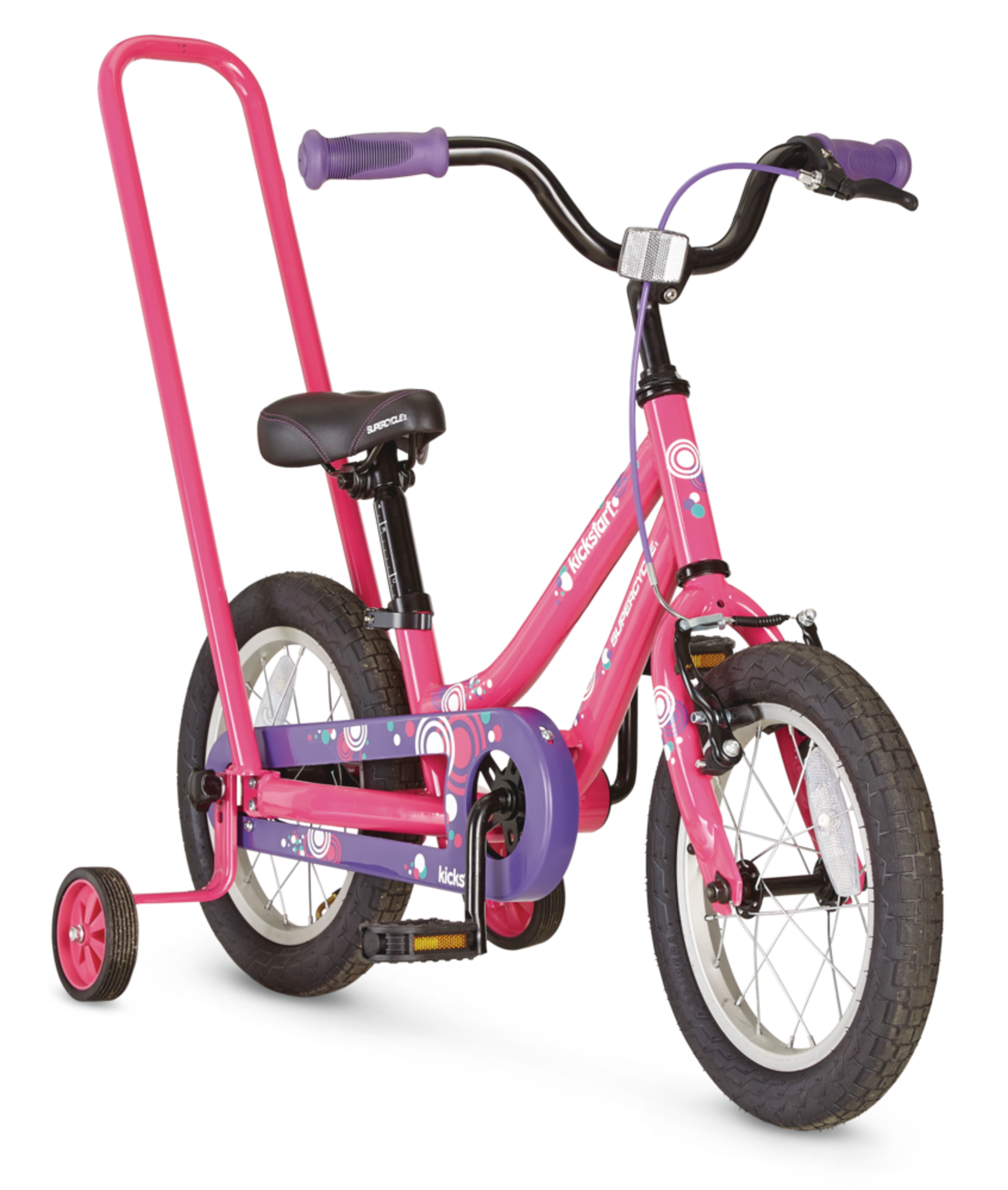 Supercycle Kickstart Kids' Bike,  14-in, Pink Front_Three_Fourths_Angled_Right