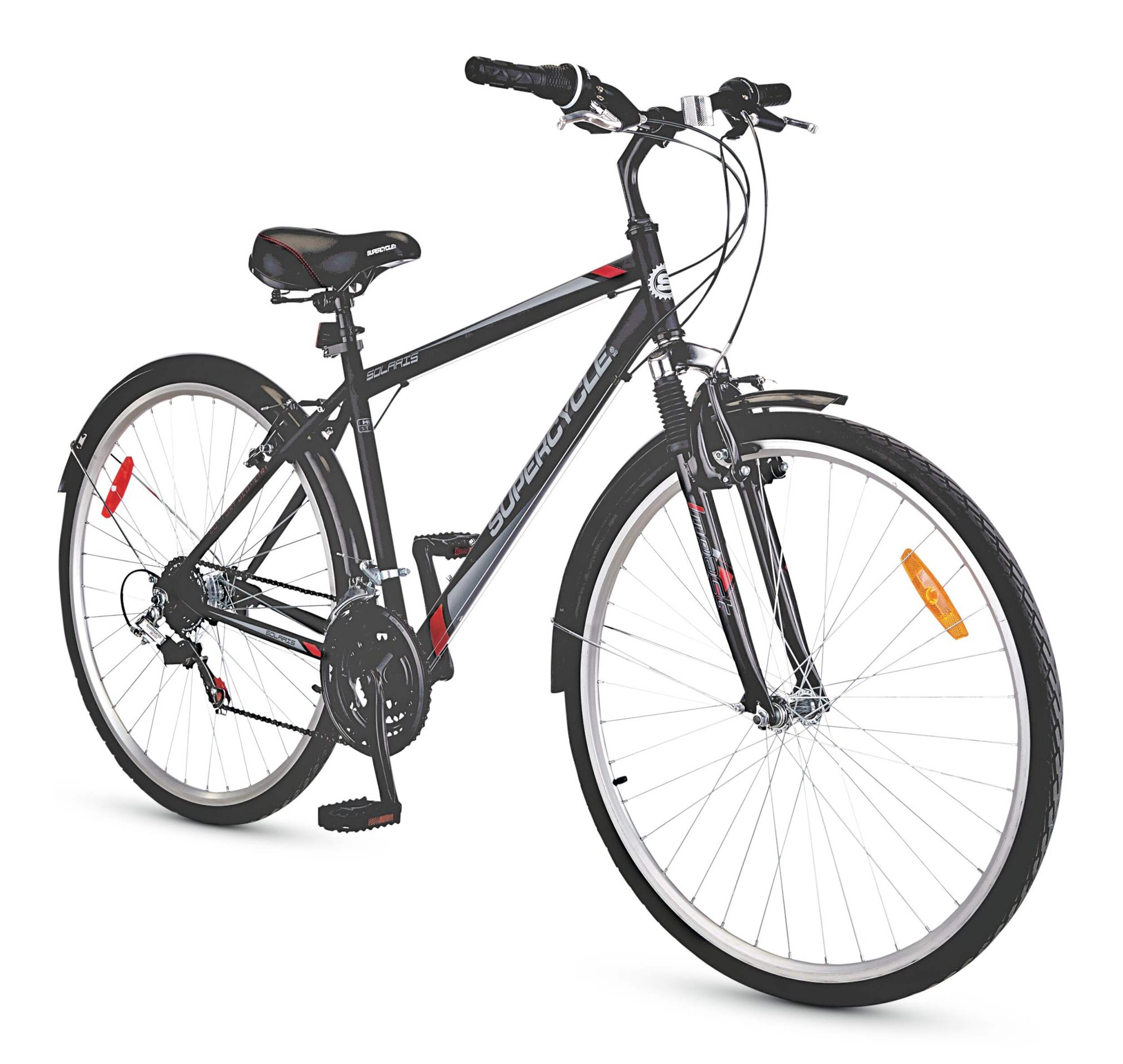Supercycle Solaris Hybrid Bike,  700C, Black/Grey Front_Three_Fourths_Angled_Right