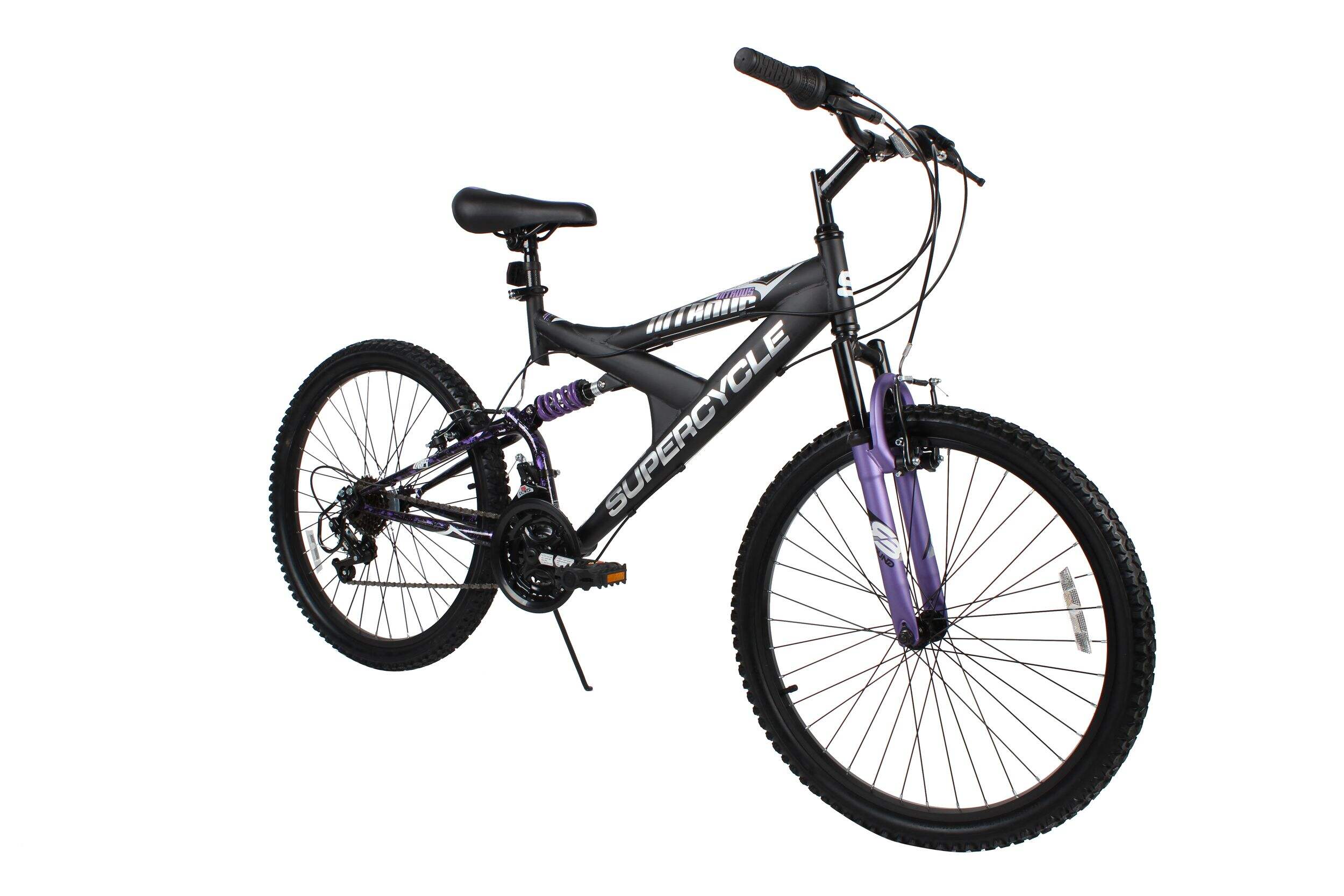 Supercycle Nitrous Dual Suspension Bike, 24-in Wheel, Black/Purple Front_Three_Fourths_Angled_Right