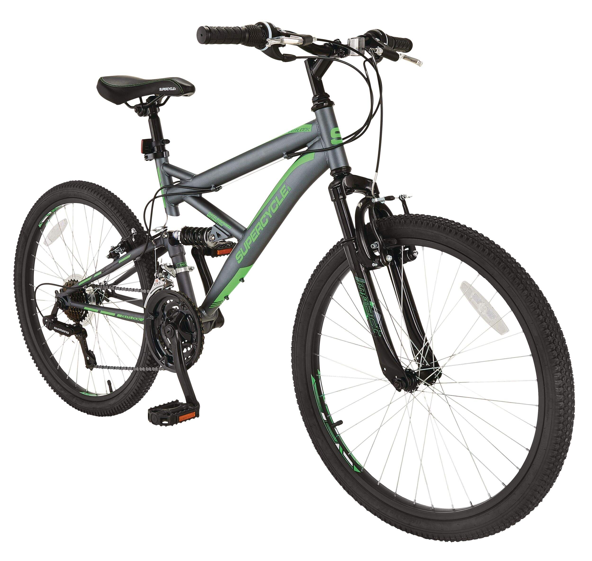 Supercycle Outlook Youth Dual-Suspension Mountain Bike, 24-in Wheel, Grey/Green Front_Three_Fourths_Angled_Right