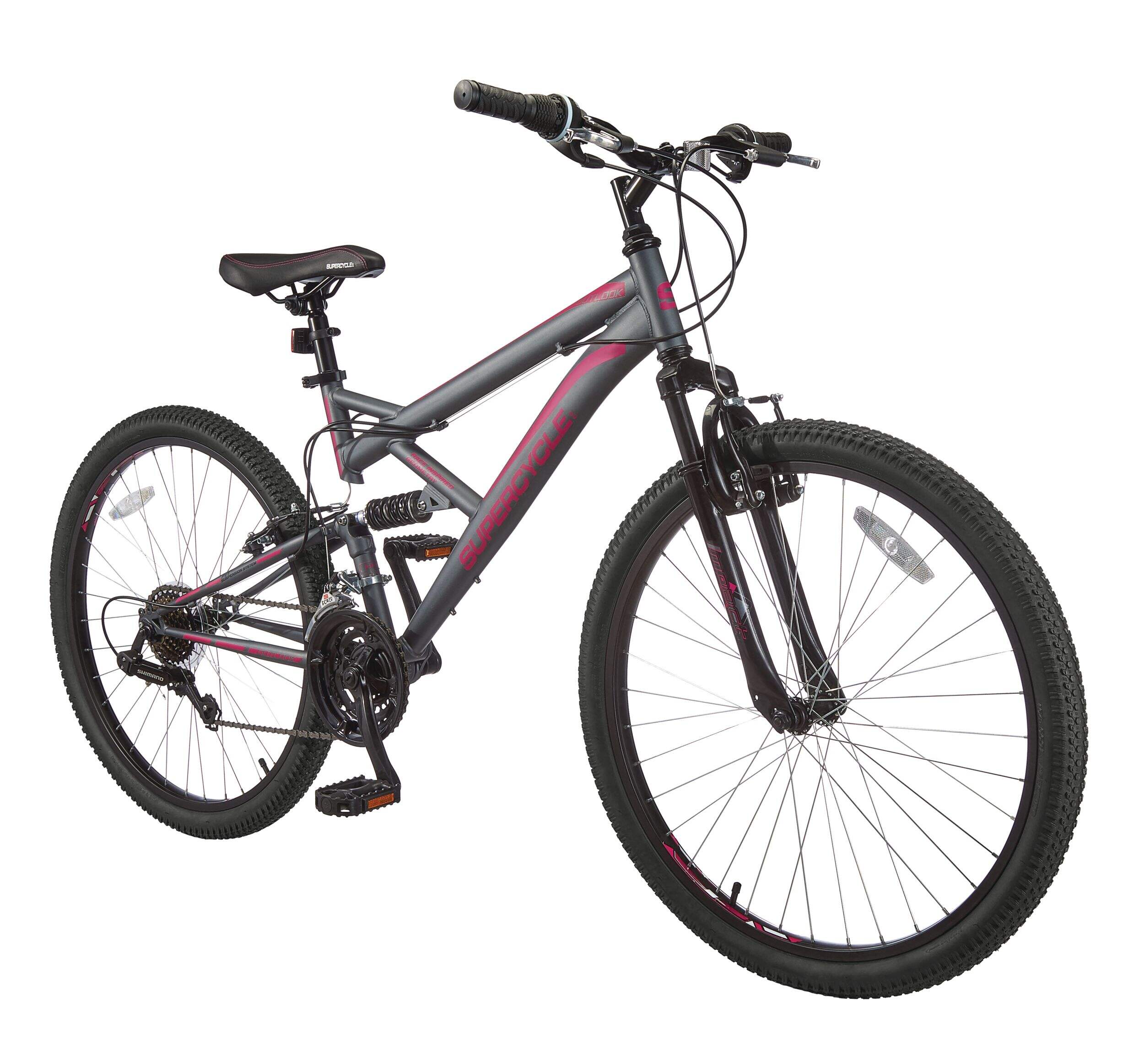 Supercycle Outlook Dual-Suspension Mountain Bike, 26-in Wheel, Grey/Pink Front_Three_Fourths_Angled_Right