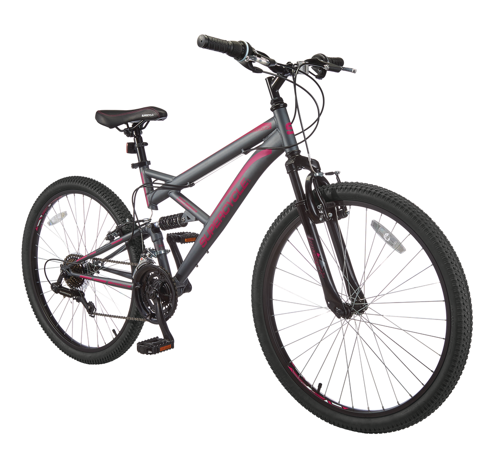 Supercycle Outlook DualSuspension Mountain Bike, 26in, Grey/Pink