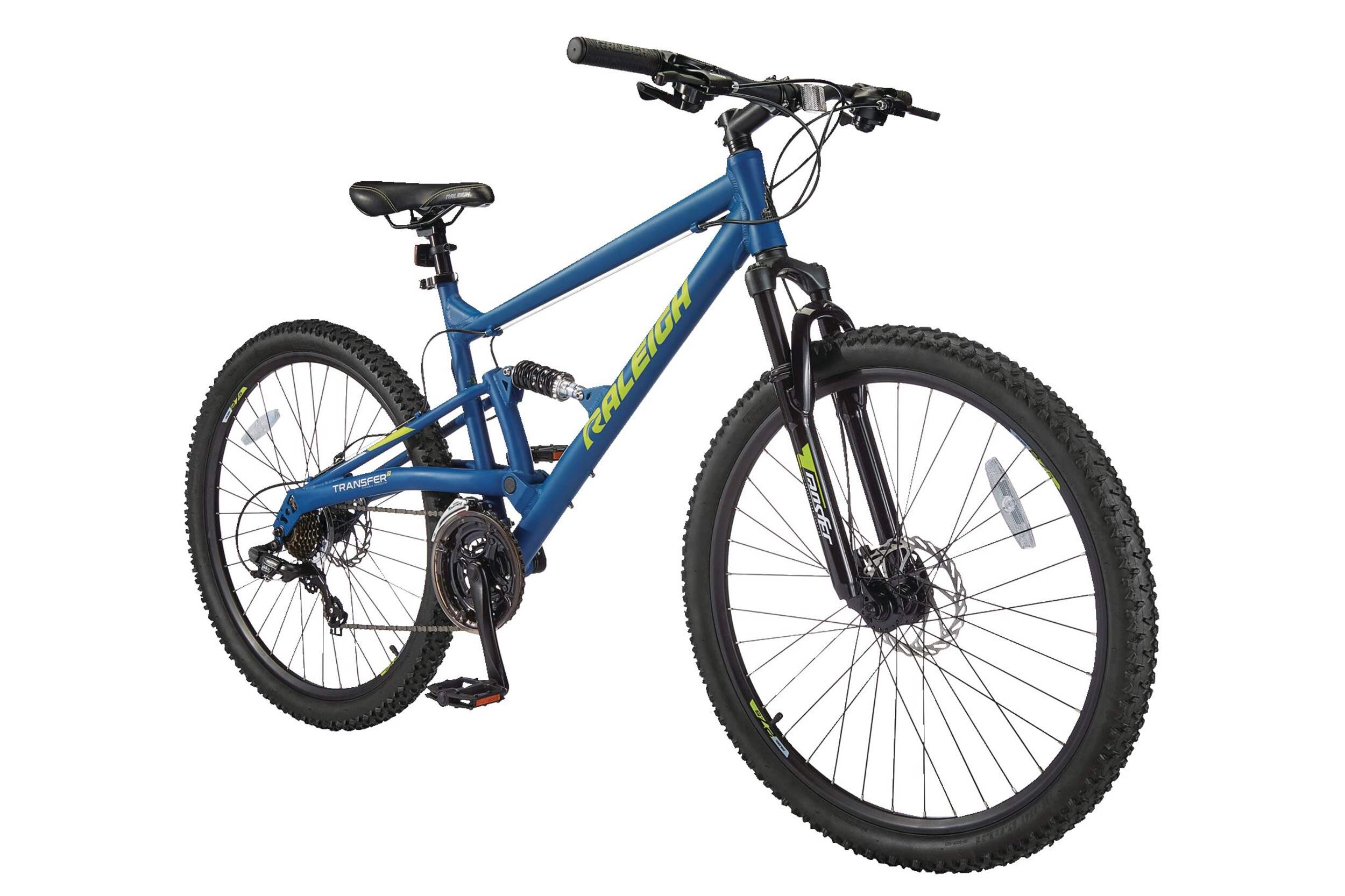 Vélo de montagne Raleigh Tracker, double suspension, roue de 27,5 po, bleu Front_Angled_Right