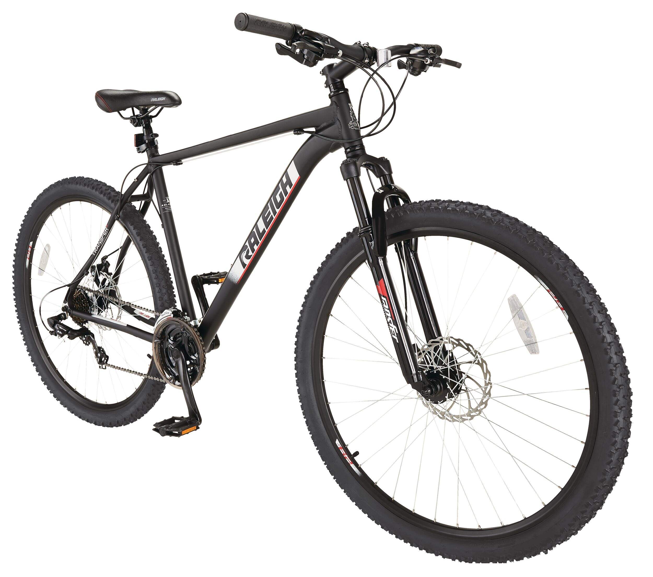 Raleigh Trailblazer XL Hardtail Mountain Bike, 29-in, Black/White Front_Three_Fourths_Angled_Right