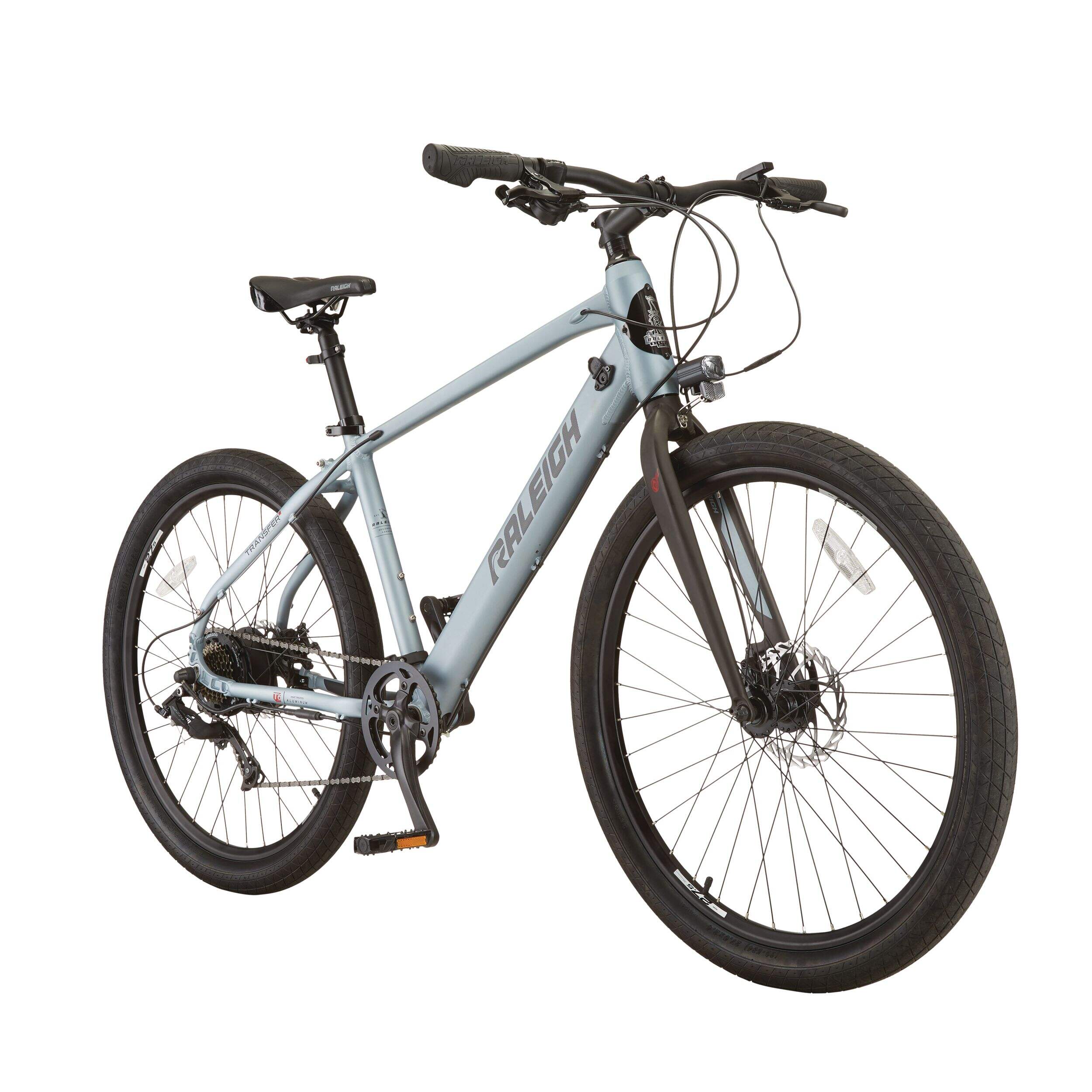 Raleigh Transit Urban Electric Bike with Front & Rear Lights, 27.5-in Wheel, Grey Front_Angled_Right