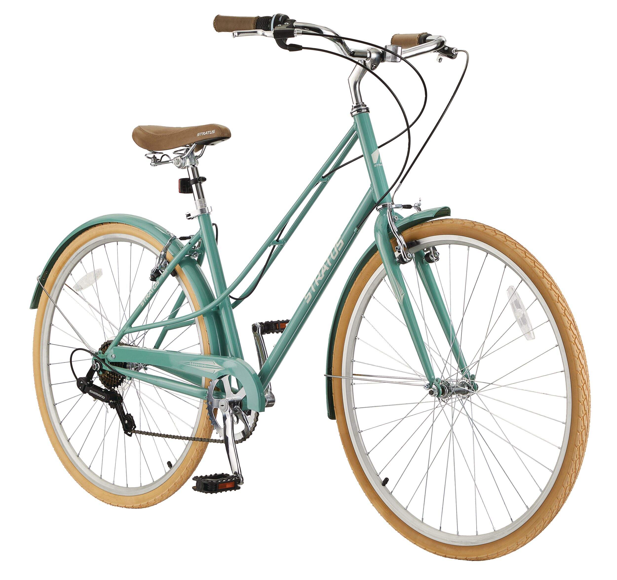 Stratus Trillium Adult Bike, 700C, 7-Speed Cruiser Bike, Green Front_Three_Fourths_Angled_Right