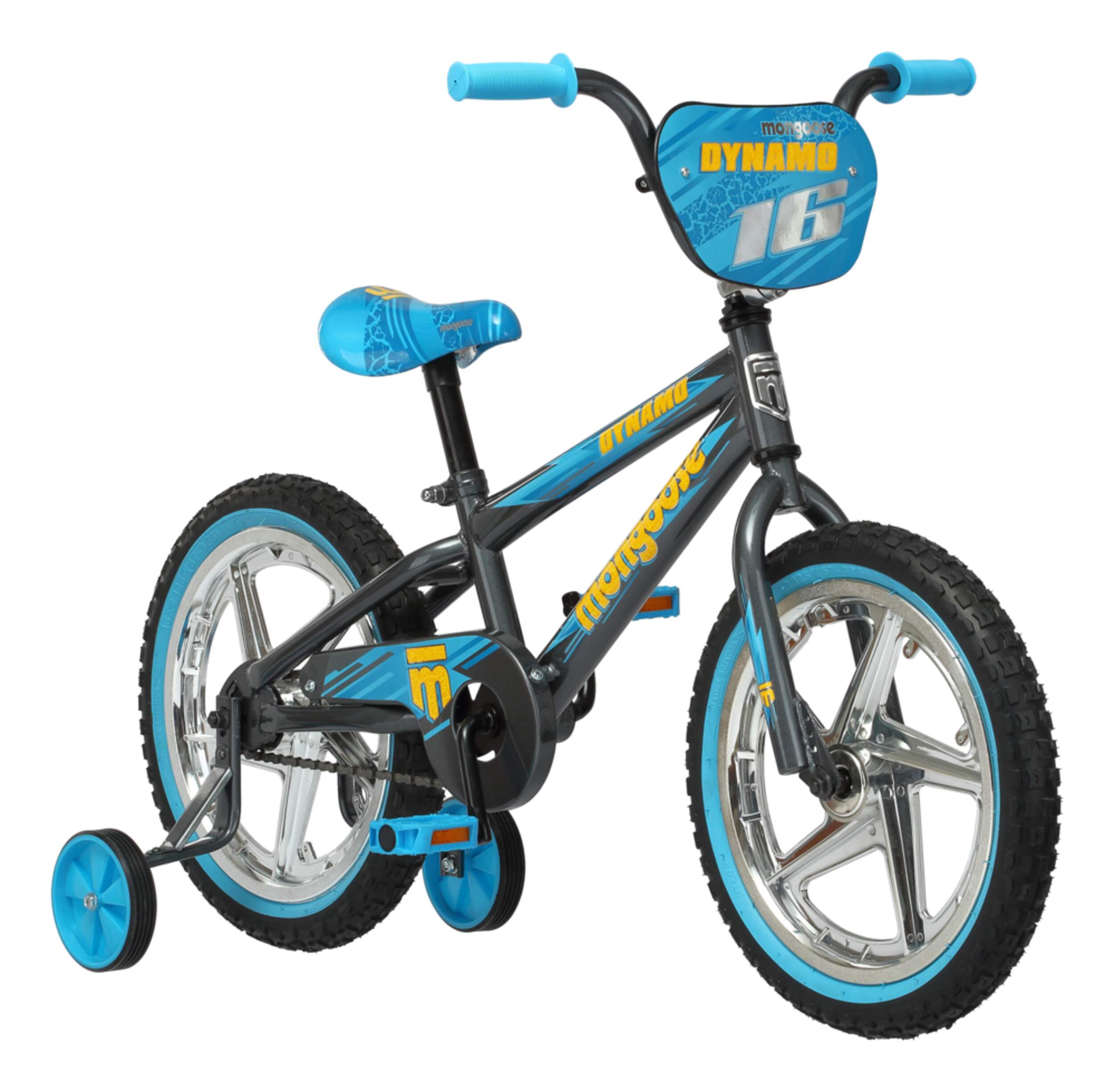 Vélo Mongoose Dynamo pour enfants, 16 po, vitesse unique, roues stabilisatrices Front_Angled_Right