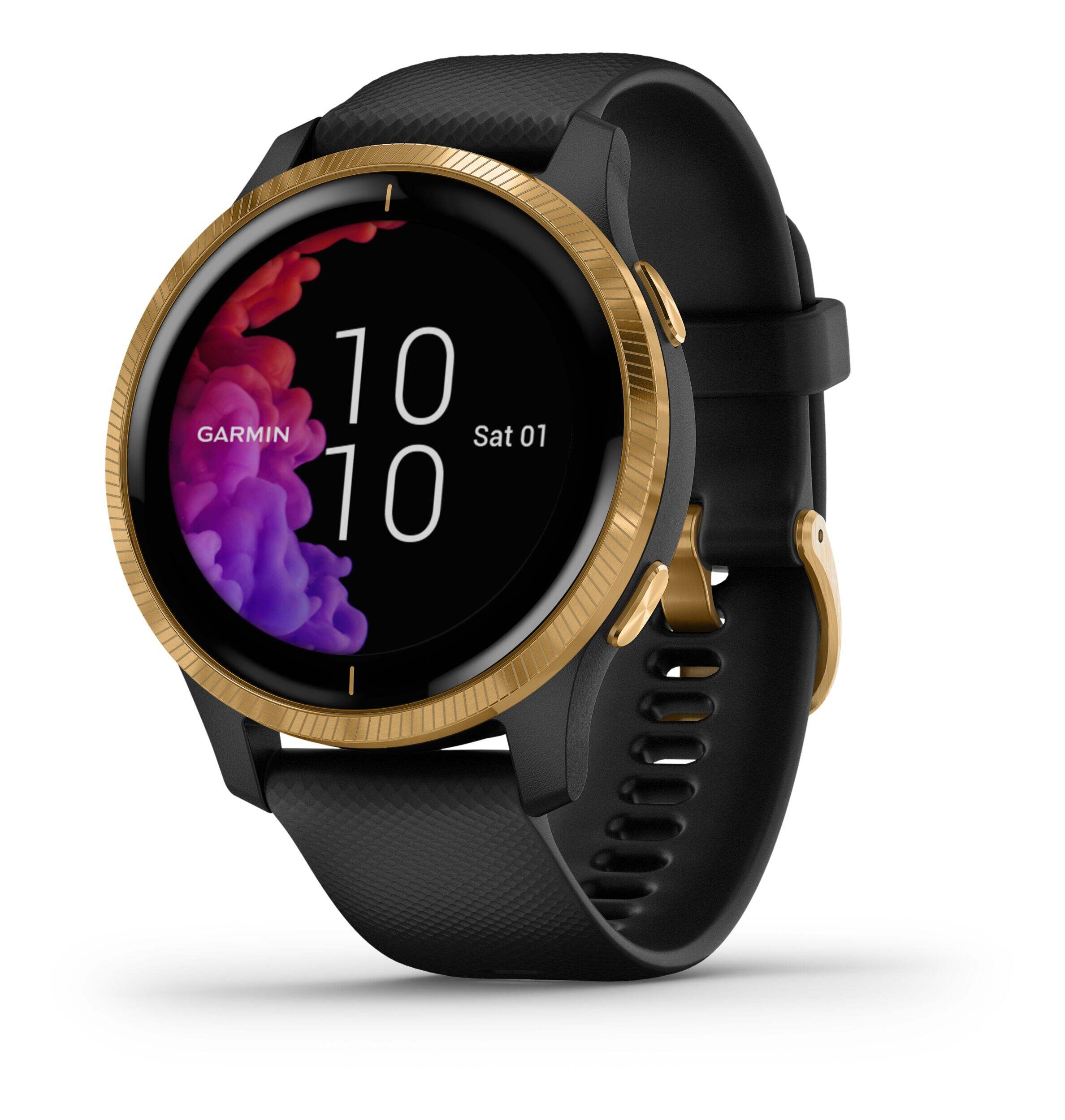 Garmin Venu™ GPS Smartwatch, Black with Gold Hardware Front_Angled_Left