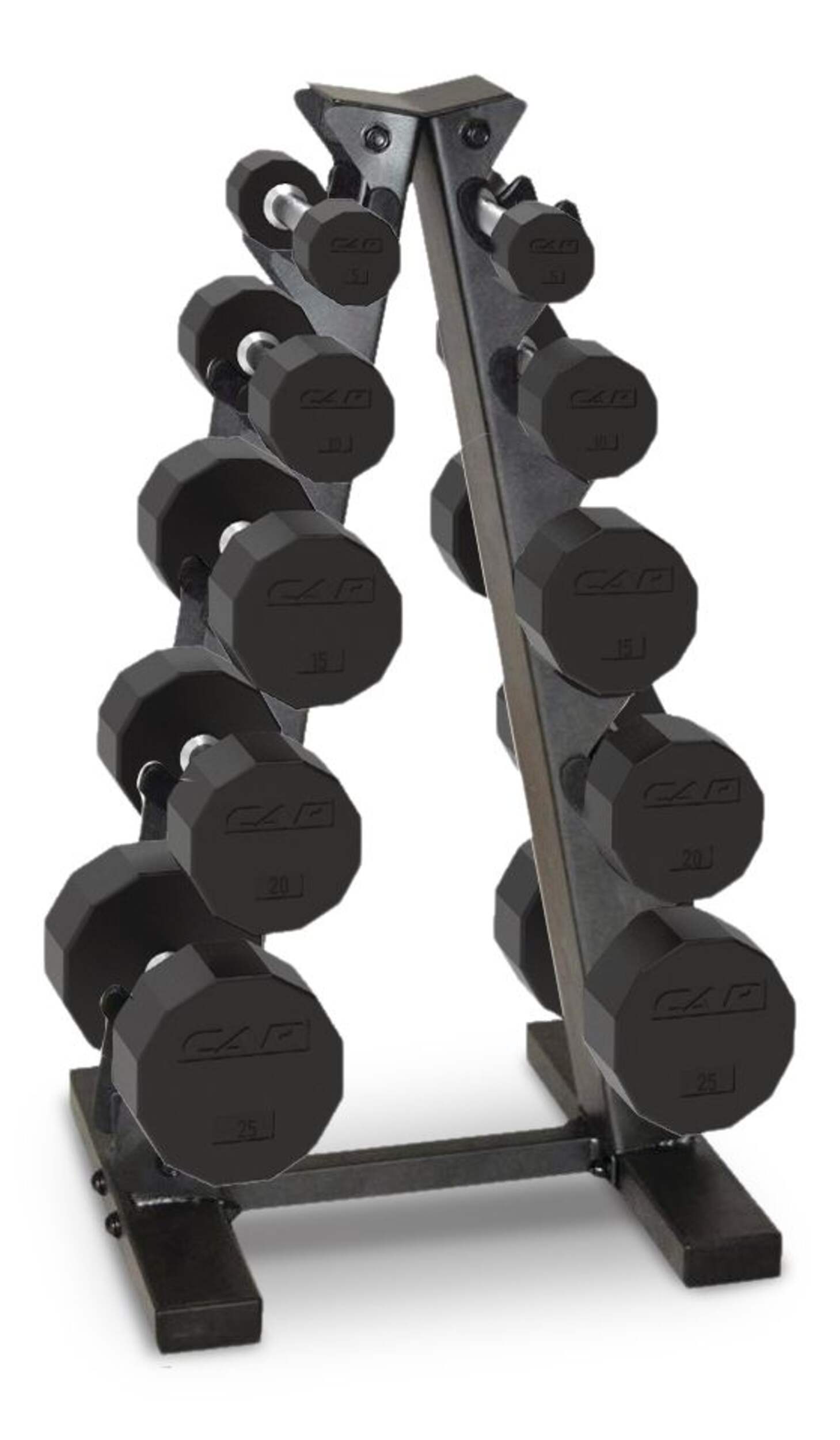 Cap Barbell Rubber Hex Dumbbell Set with Storage Rack, 150-lb Front_Three_Fourths_Angled_Right